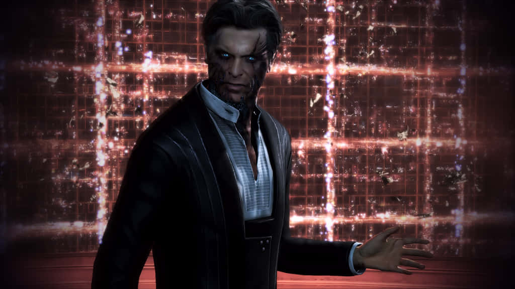 Illusive Man, glowing blue eyes, half-face cybernetics, SD Desktop Wallpaper