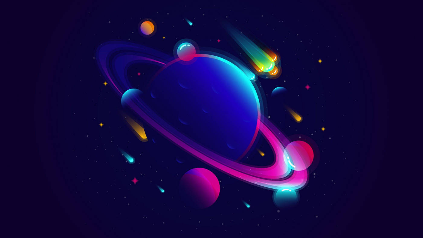 neon planet, glowing rings, shooting stars, HD Desktop Wallpaper