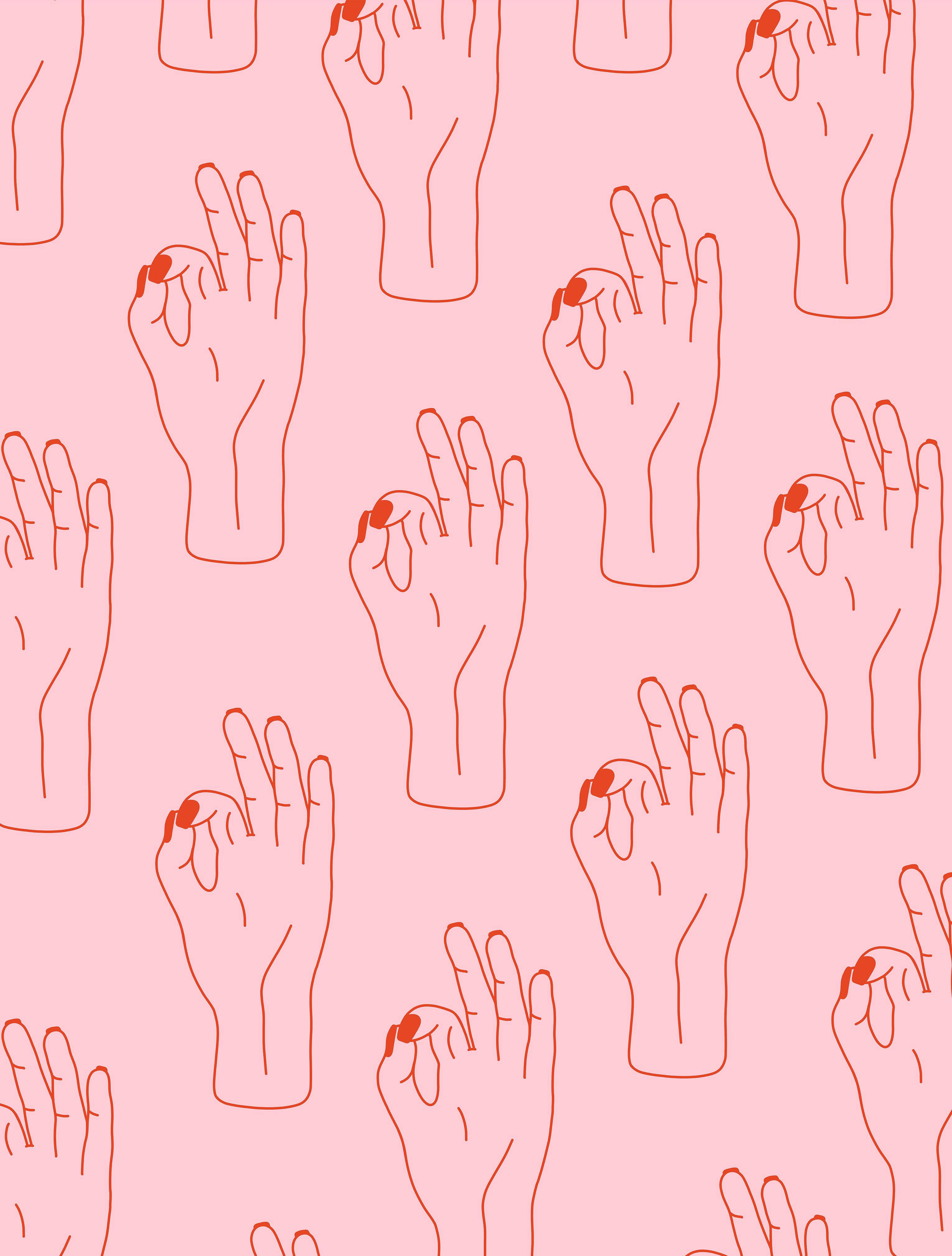 pink okay hands, red nail polish, soft pink background, 4K Phone Wallpaper