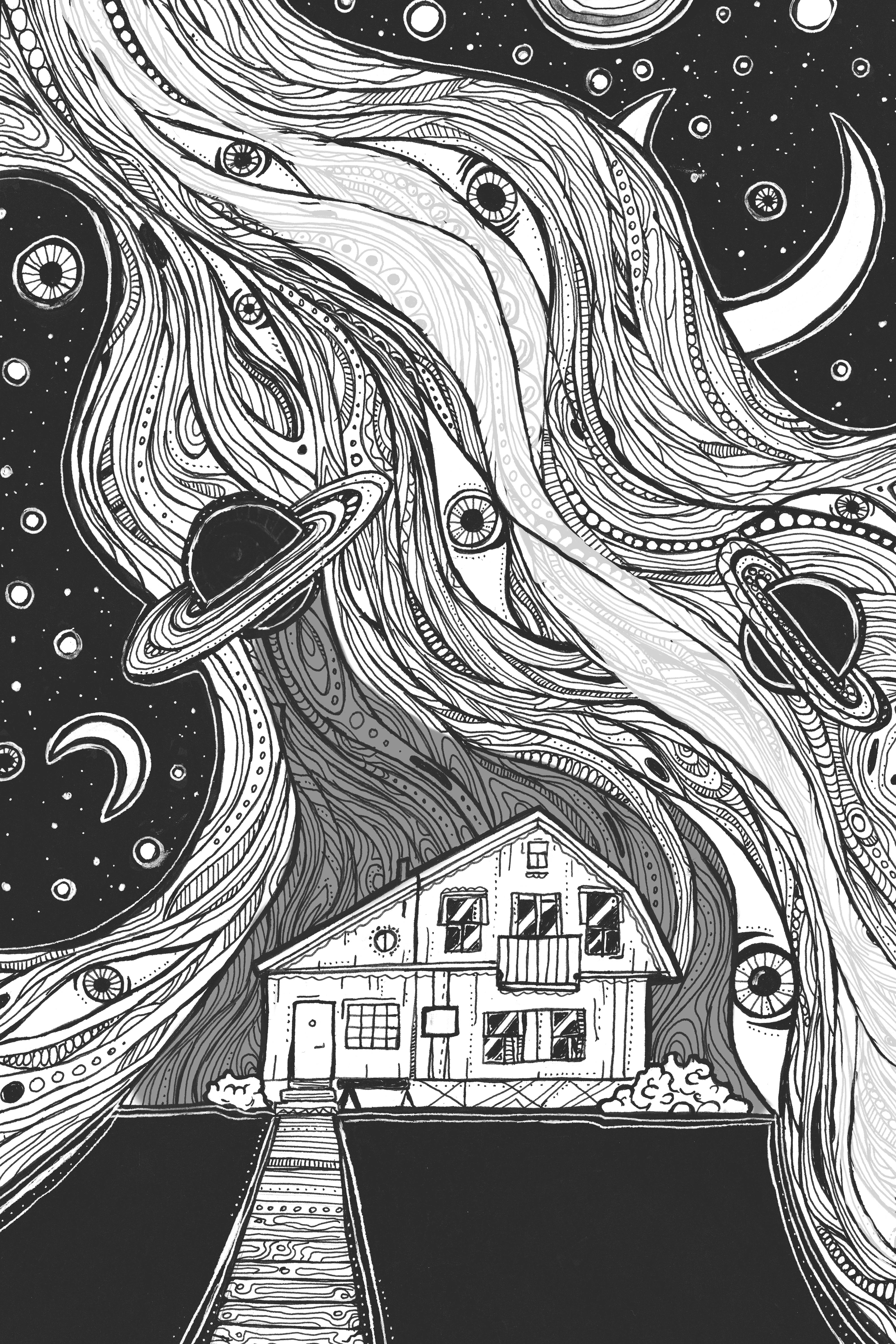 black and white illustration, house, cosmic sky, 5K Phone Wallpaper