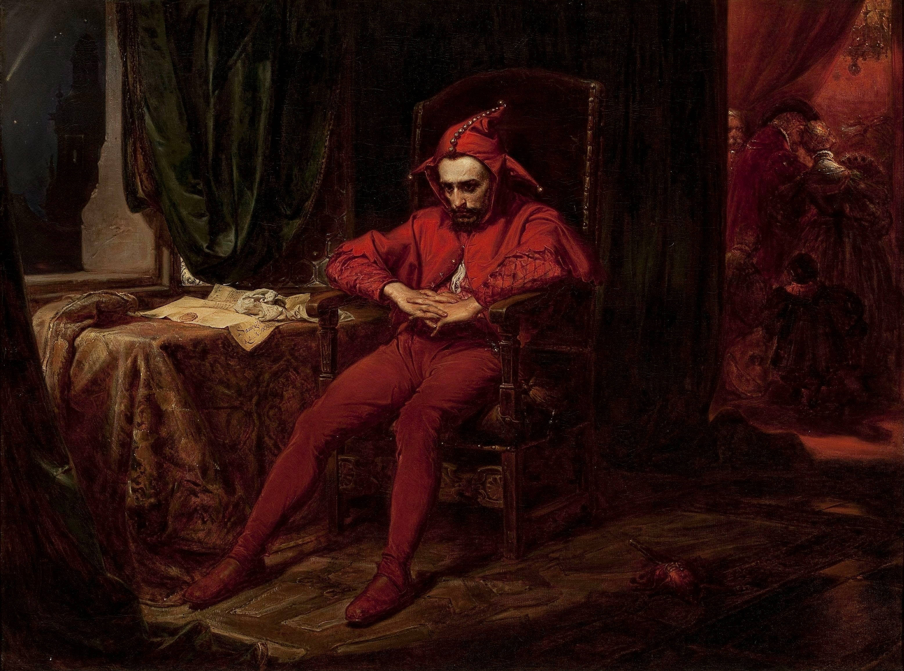 red jester costume, dimly lit room, green curtains, 2K Desktop Wallpaper