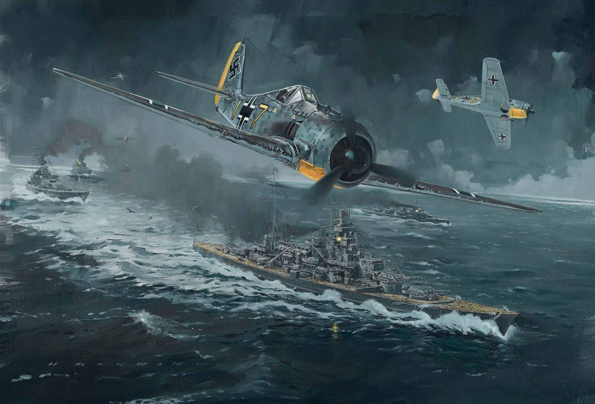 German WW2 aircraft, fighter planes, stormy sea, Full HD Desktop Wallpaper
