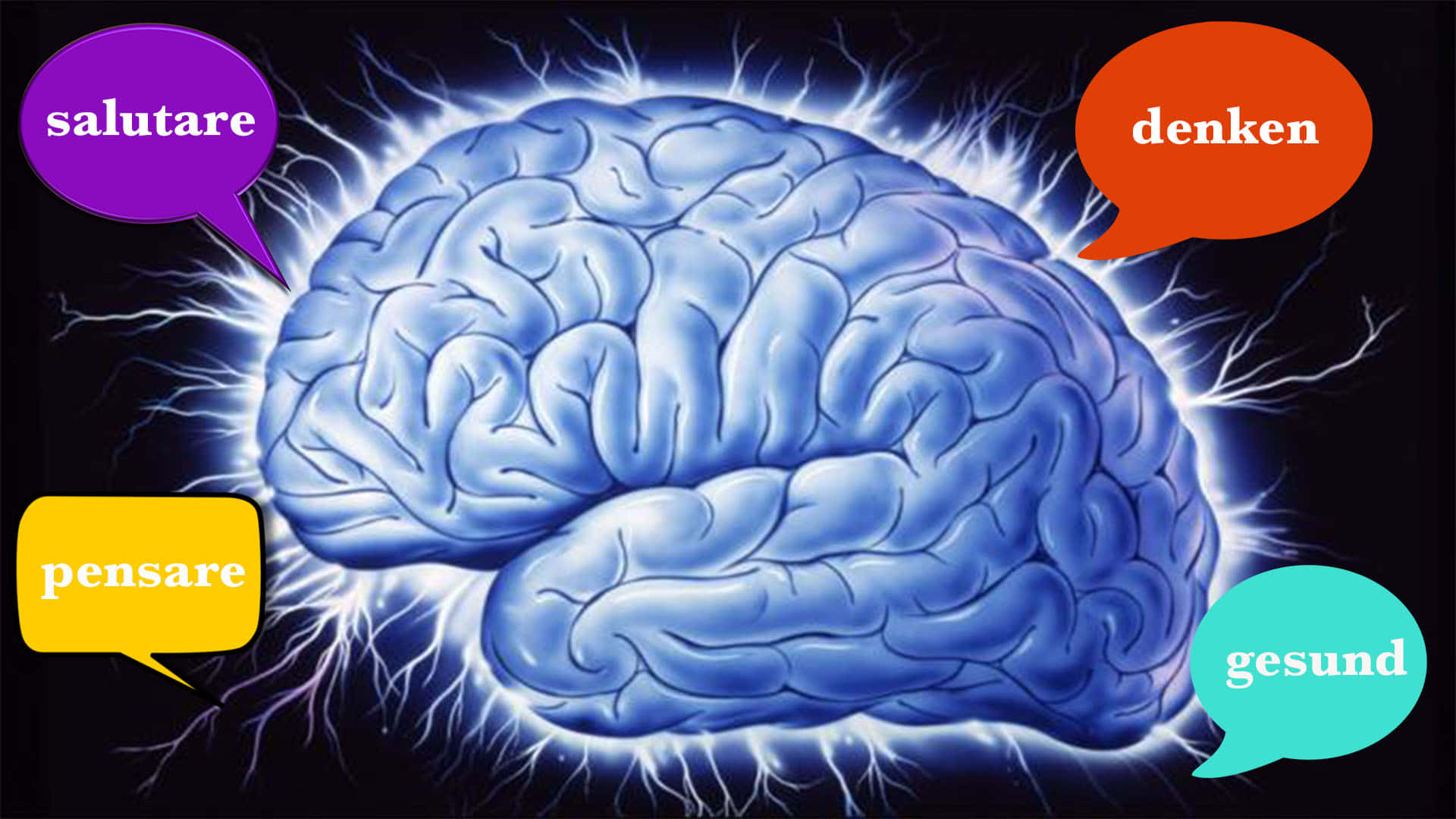 bilingual blue brain, glowing blue brain, electric sparks, Full HD Desktop Wallpaper