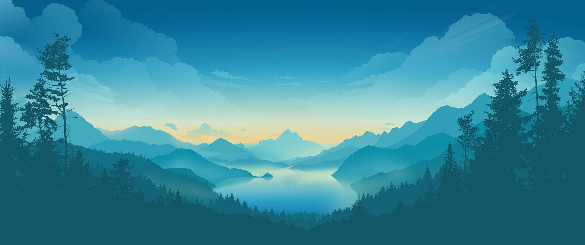 mountain lake, misty blue peaks, soft golden sunrise sky, Full HD Desktop Wallpaper