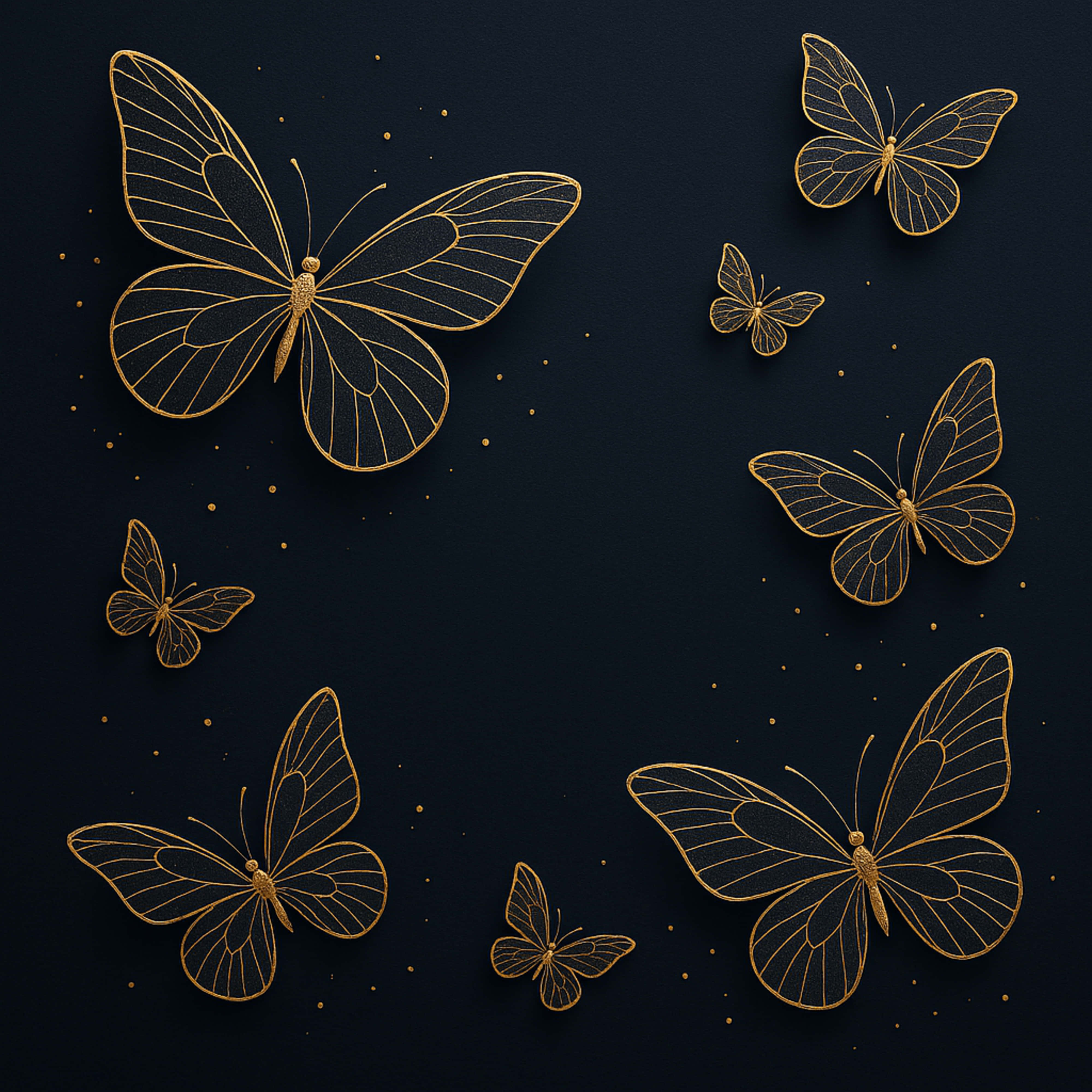 butterflies, golden outlined, deep navy background, 4K Desktop Wallpaper
