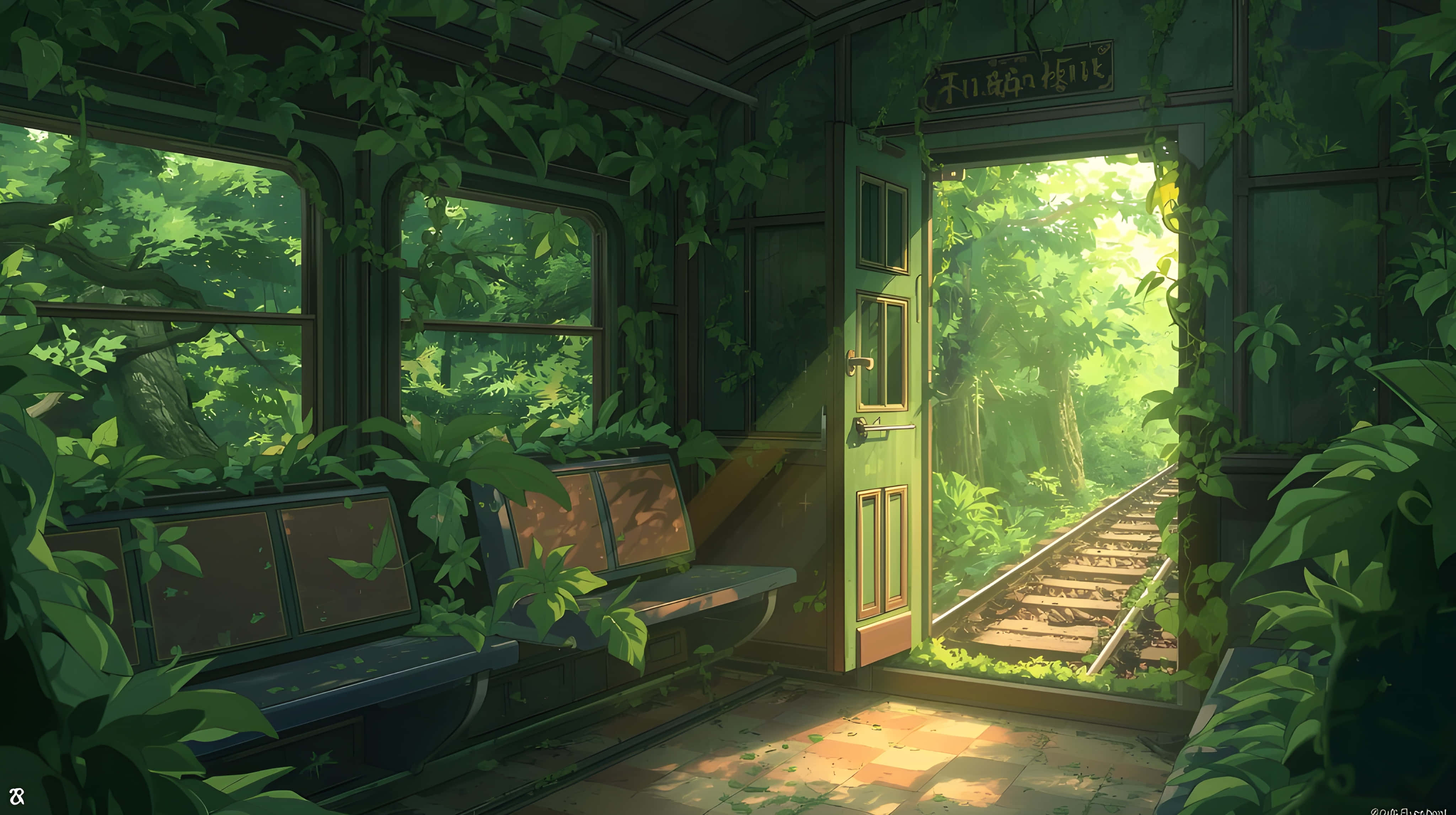 old train, mossy abandoned train car, vibrant green vines, 4K Desktop Wallpaper