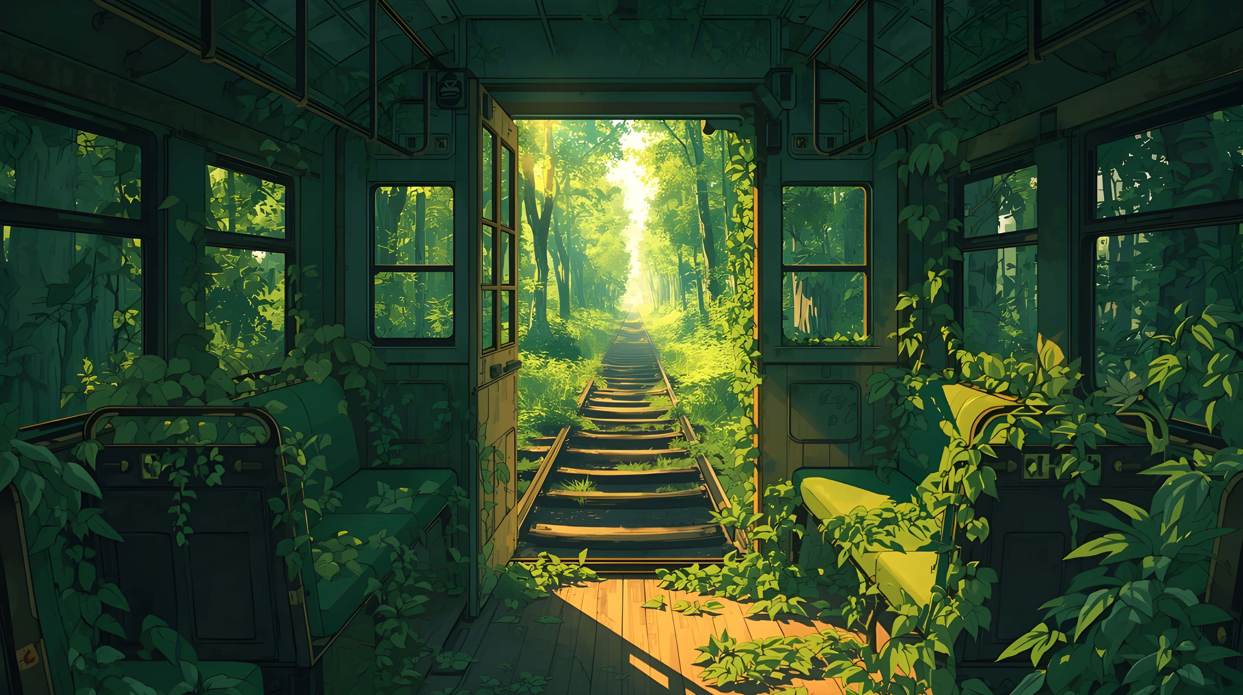 abandoned train interior, lush green vines, sunlit forest path, 4K Desktop Wallpaper