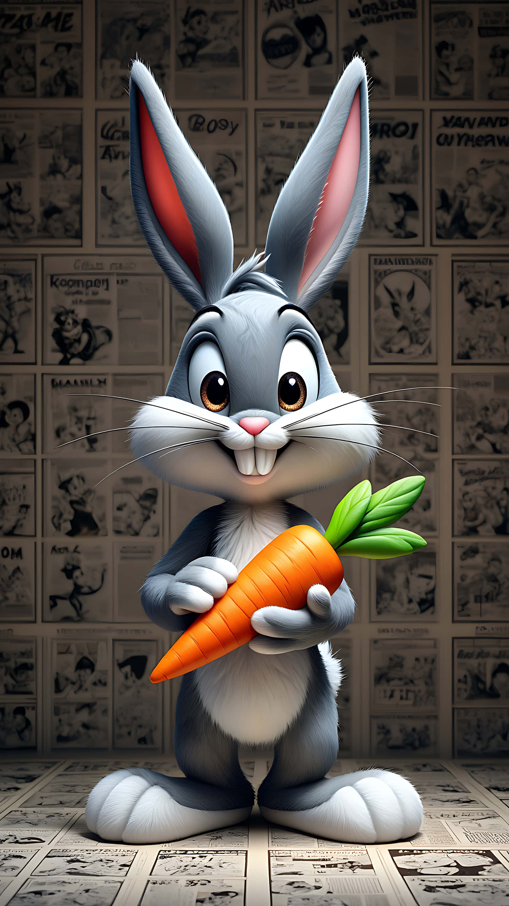 cartoon rabbit, bright orange carrot, vintage comic strips, 2K Phone Wallpaper