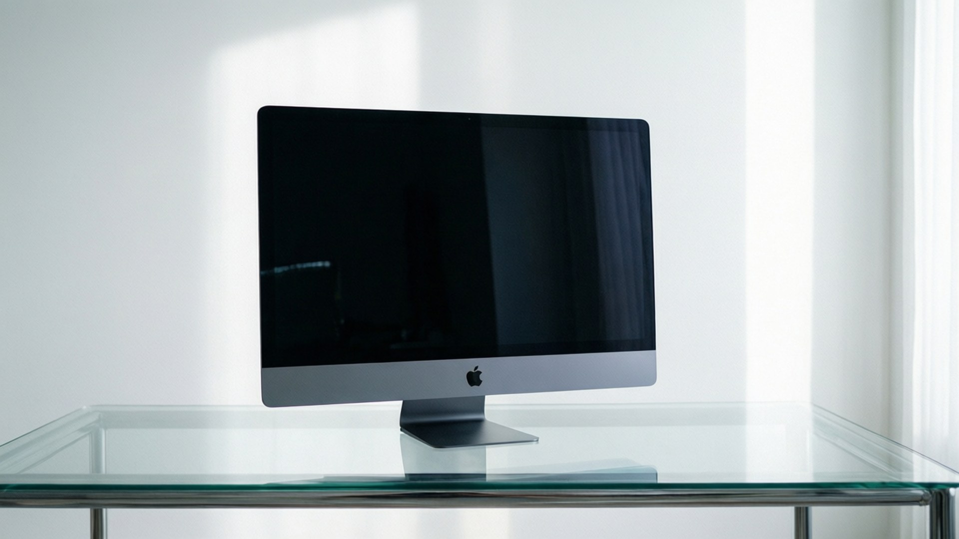 iMac, glass desk, silver, Full HD Desktop Wallpaper