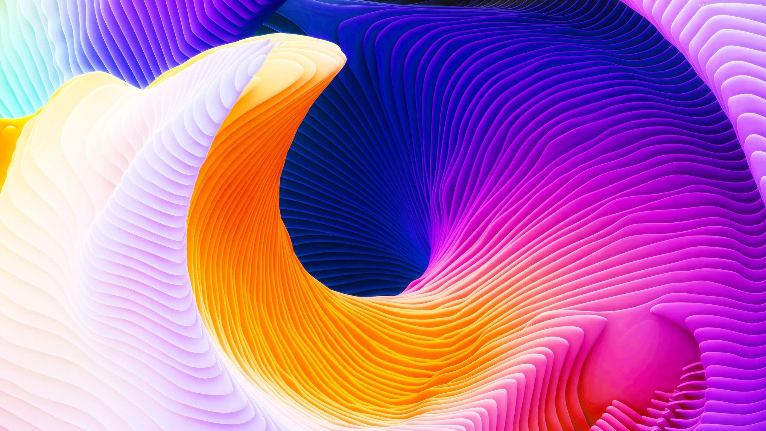 iMac Pro, sleek wooden desk, vibrant swirling ribbons of color, 2K Desktop Wallpaper