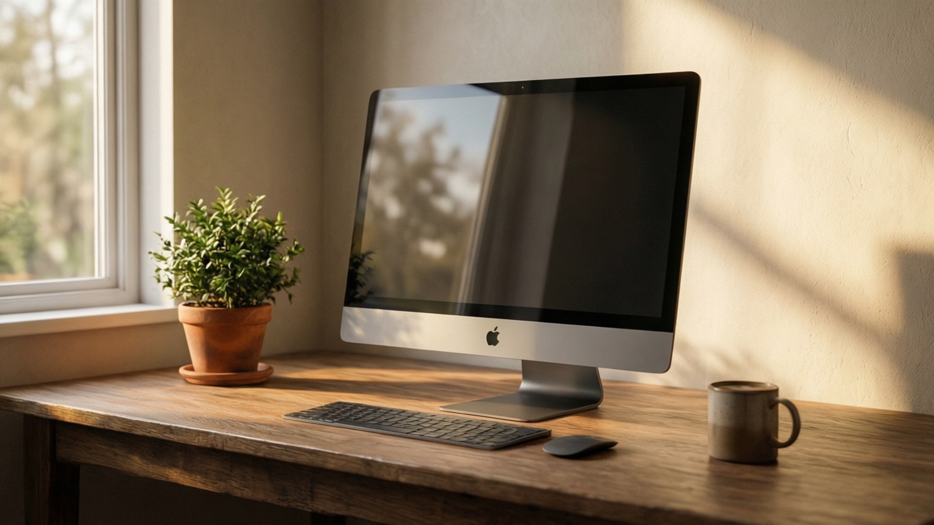 iMac Pro, wooden desk, plant, Full HD Desktop Wallpaper