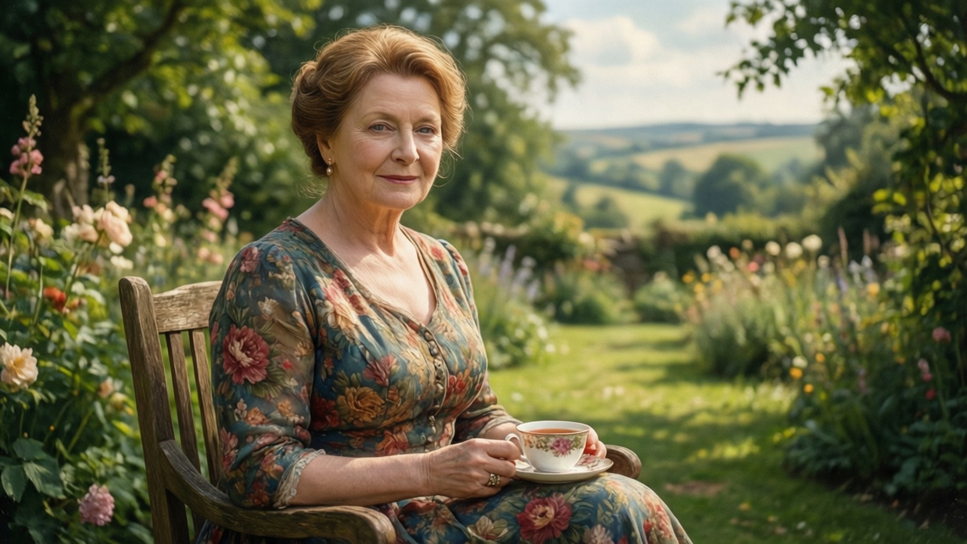 Imelda Staunton, garden, tea, Full HD Desktop Wallpaper