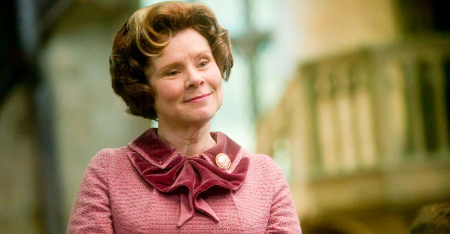 Imelda Staunton, pink textured coat, velvet maroon bow collar, HD Desktop Wallpaper