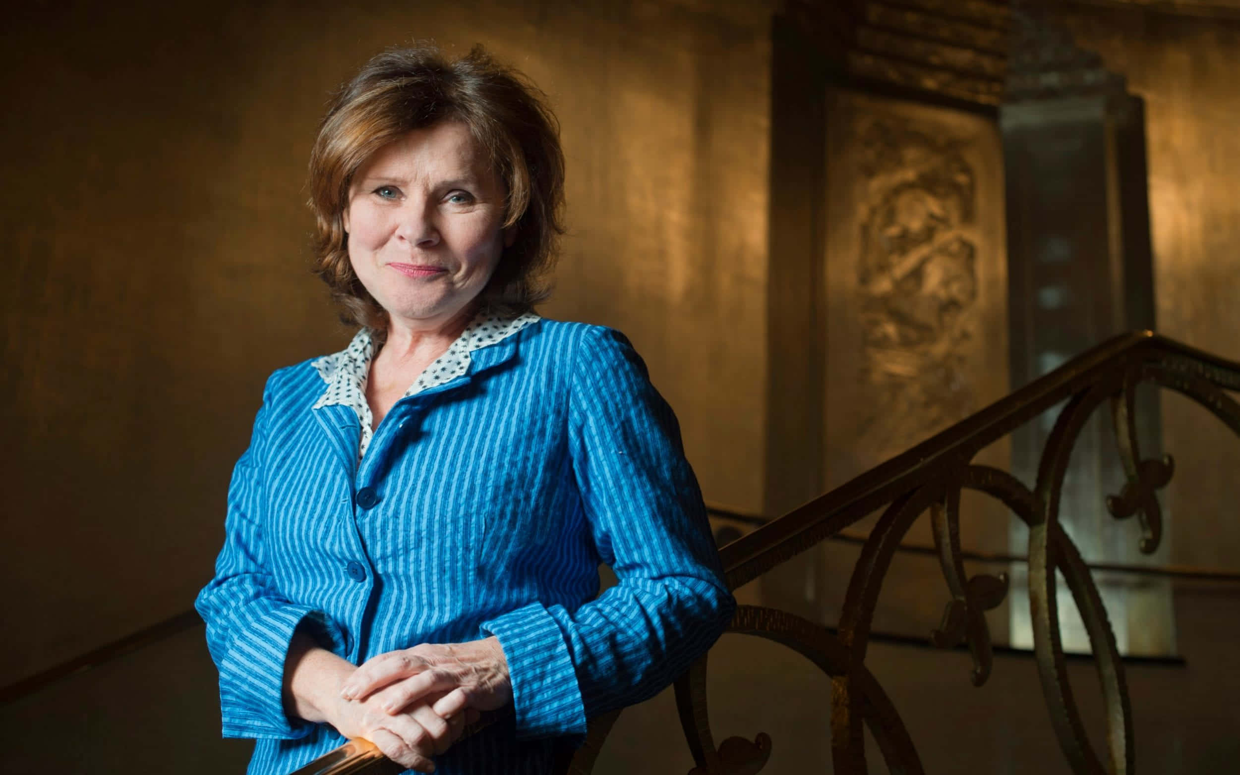 Imelda Staunton, blue striped blazer, ornate staircase railing, Full HD Desktop Wallpaper