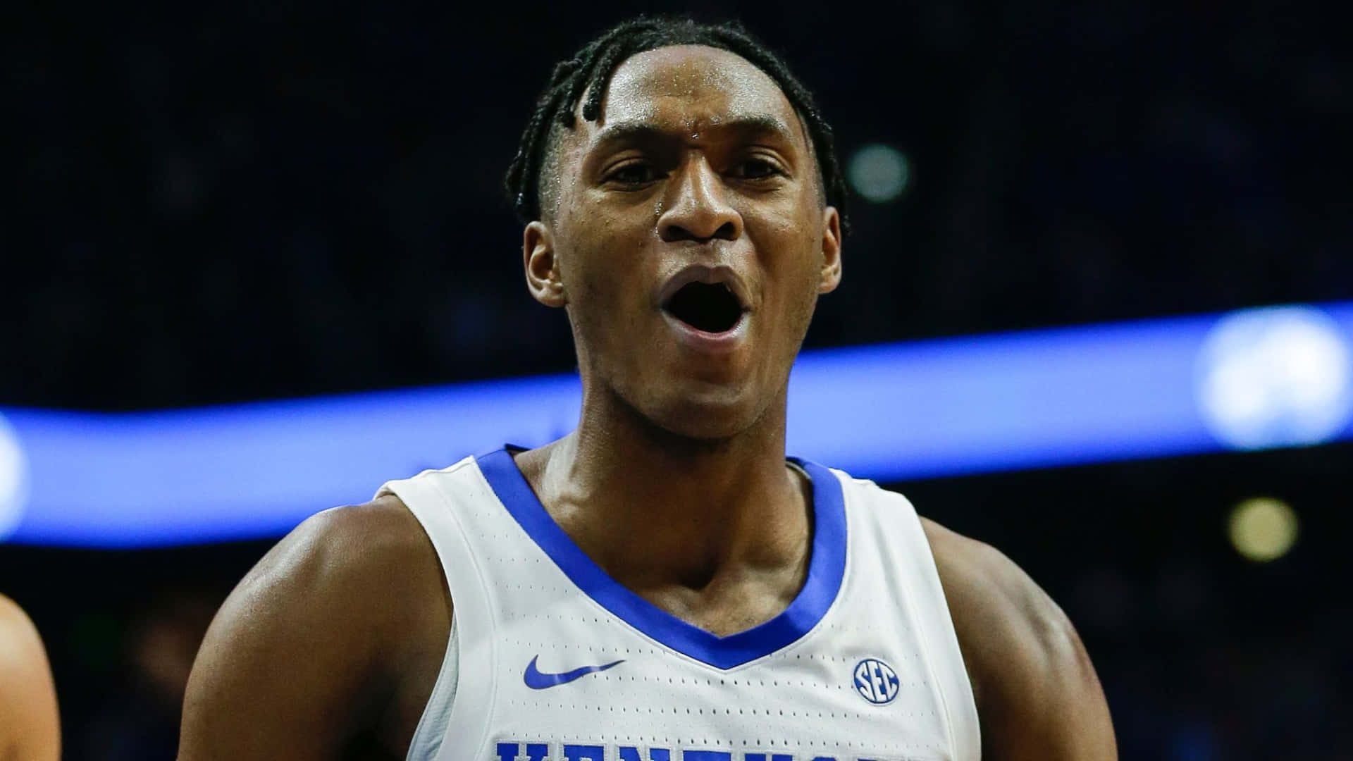 Immanuel Quickley, white and blue jersey, arena lights, Full HD Desktop Wallpaper