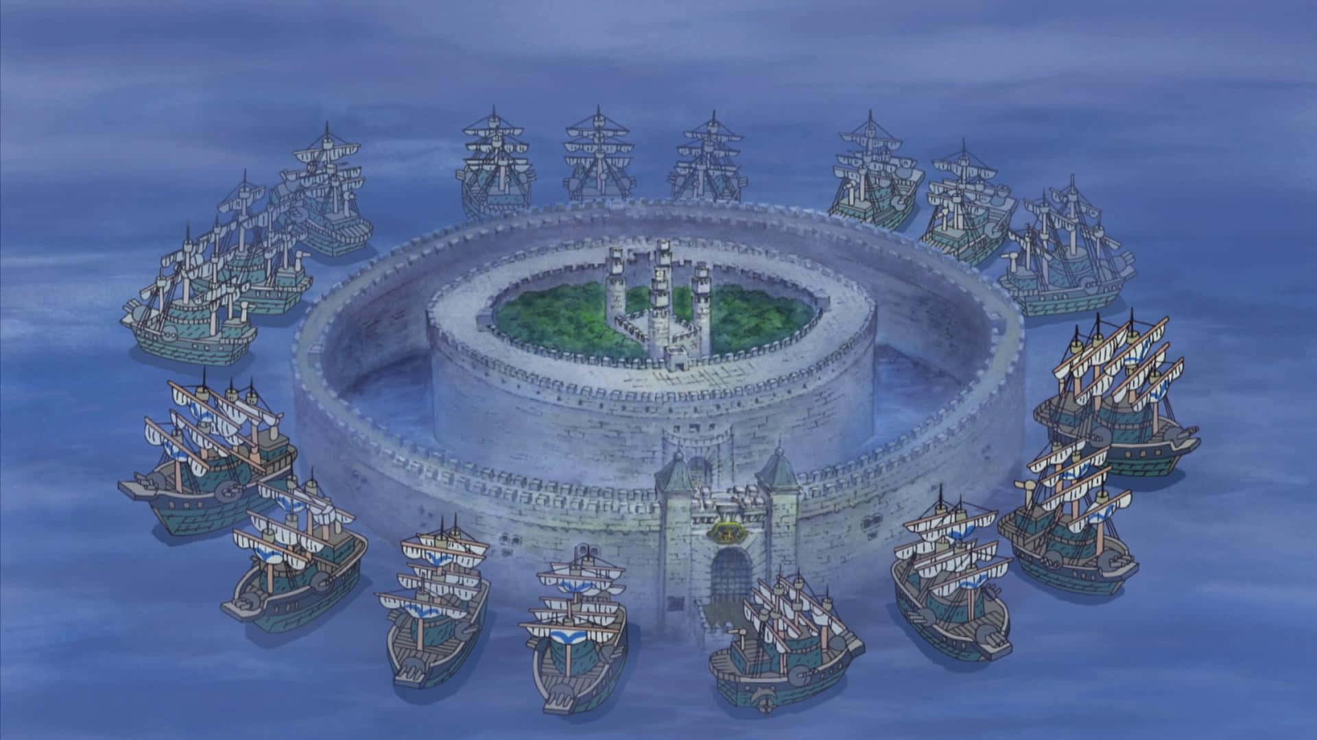 Impel Down, circular stone fortress, water, Full HD Desktop Wallpaper