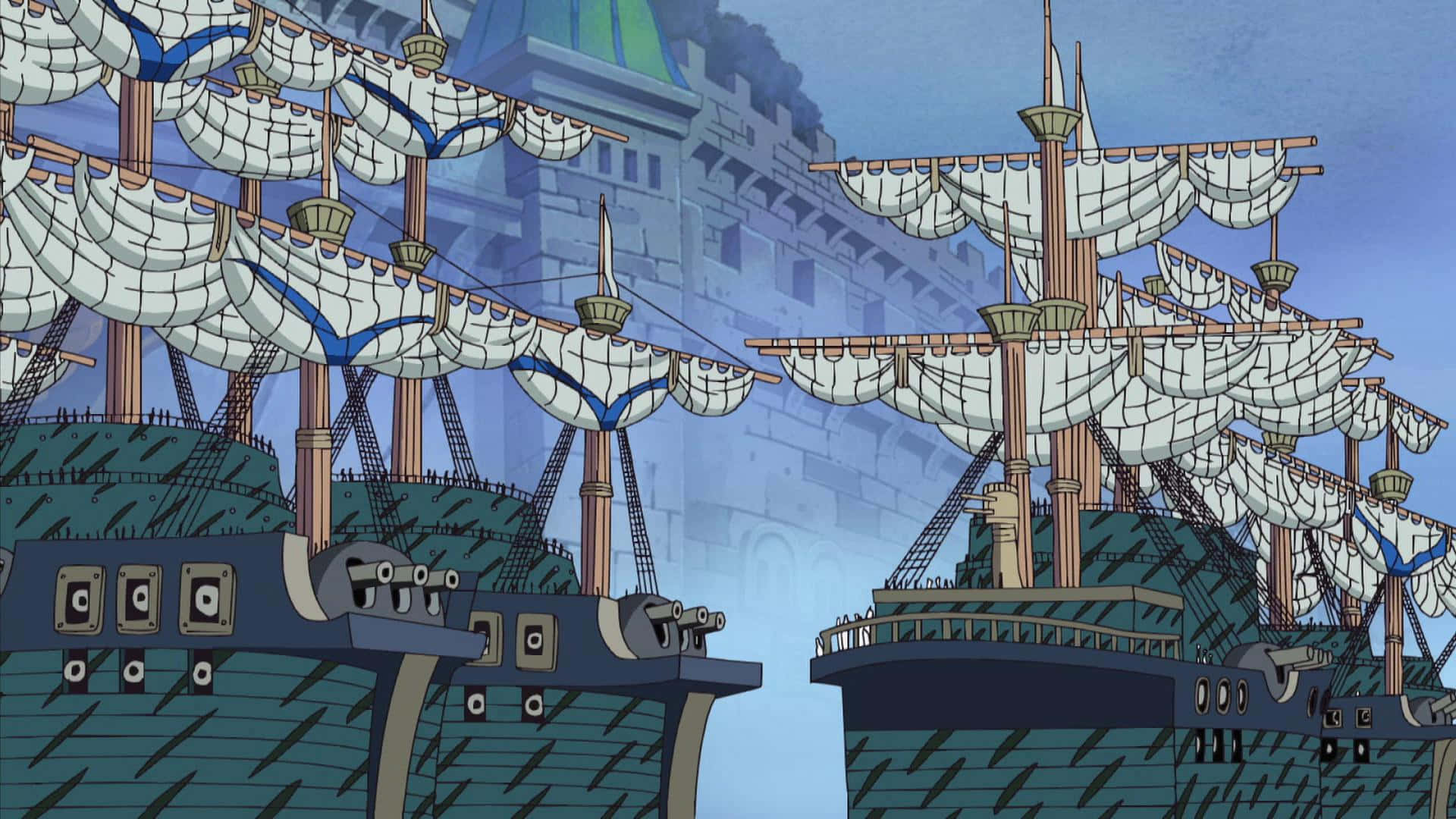 Impel Down, anime-style warships, white sails, Full HD Desktop Wallpaper
