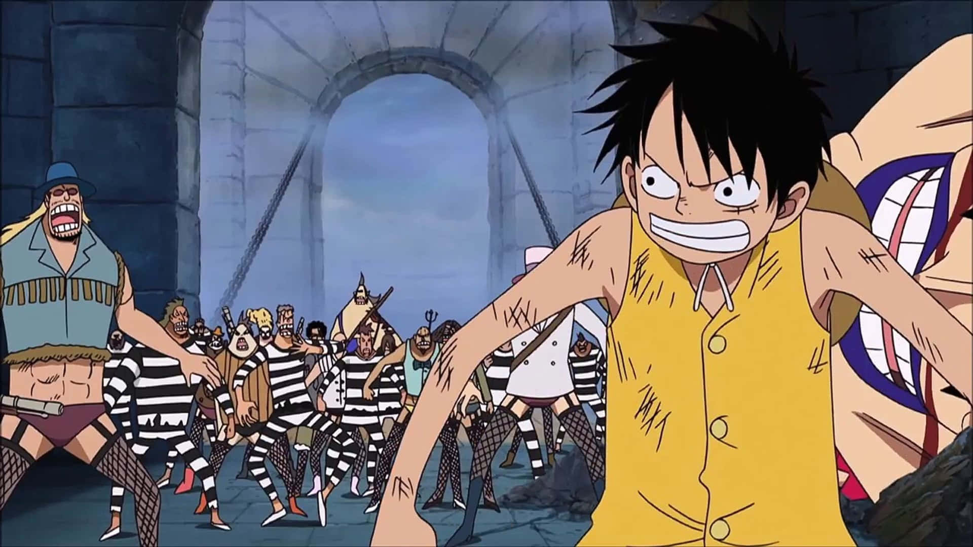 Impel Down, yellow vest, striped prisoners, Full HD Desktop Wallpaper