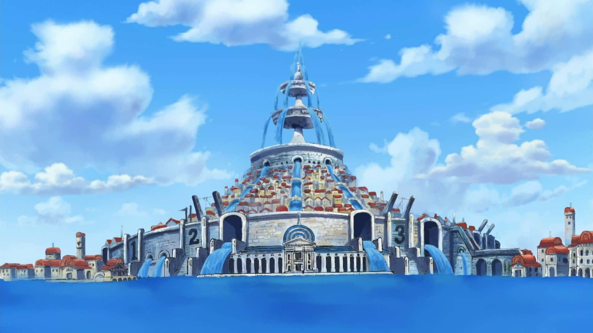 Impel Down, floating castle, cascading waterfalls, Full HD Desktop Wallpaper