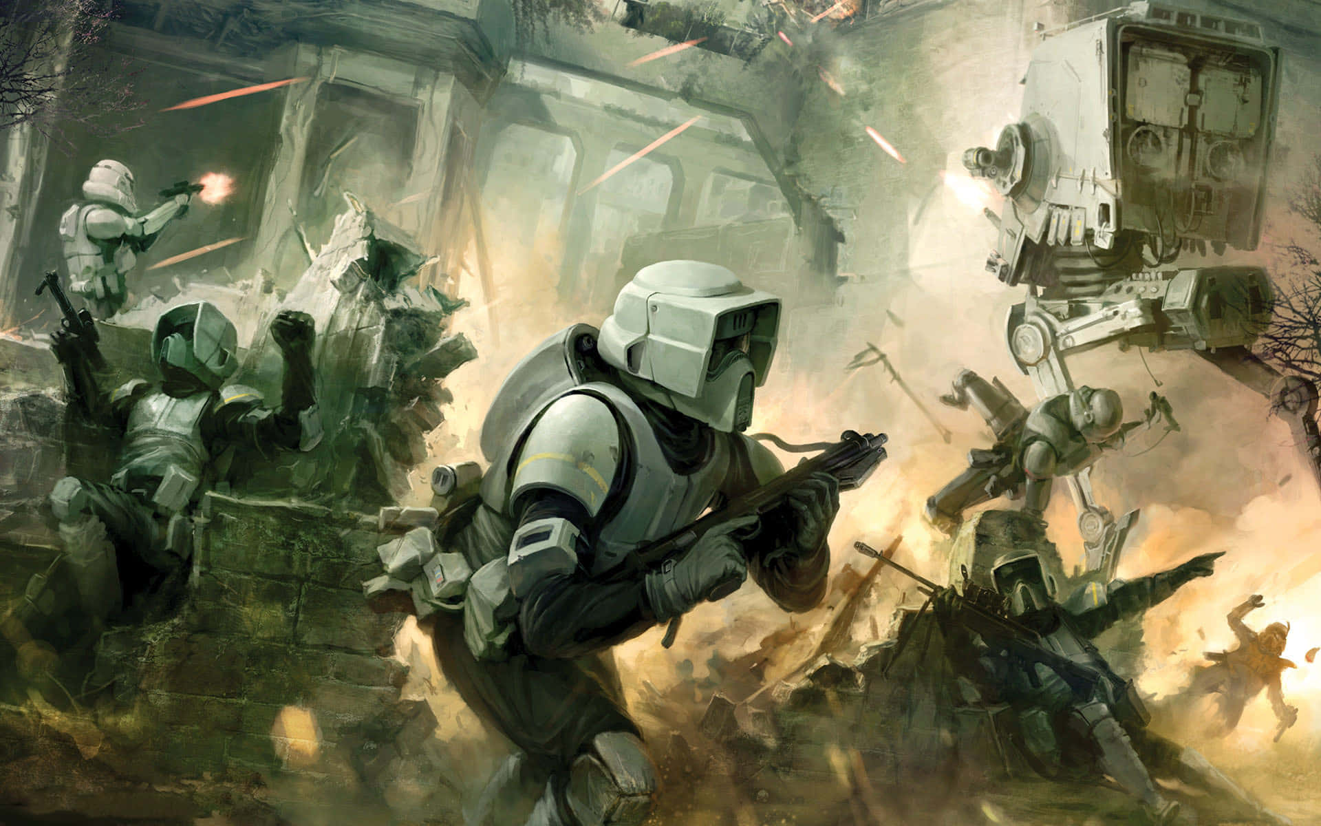 Imperial Army, white armor battle droids, crumbling ruins, Full HD Desktop Wallpaper