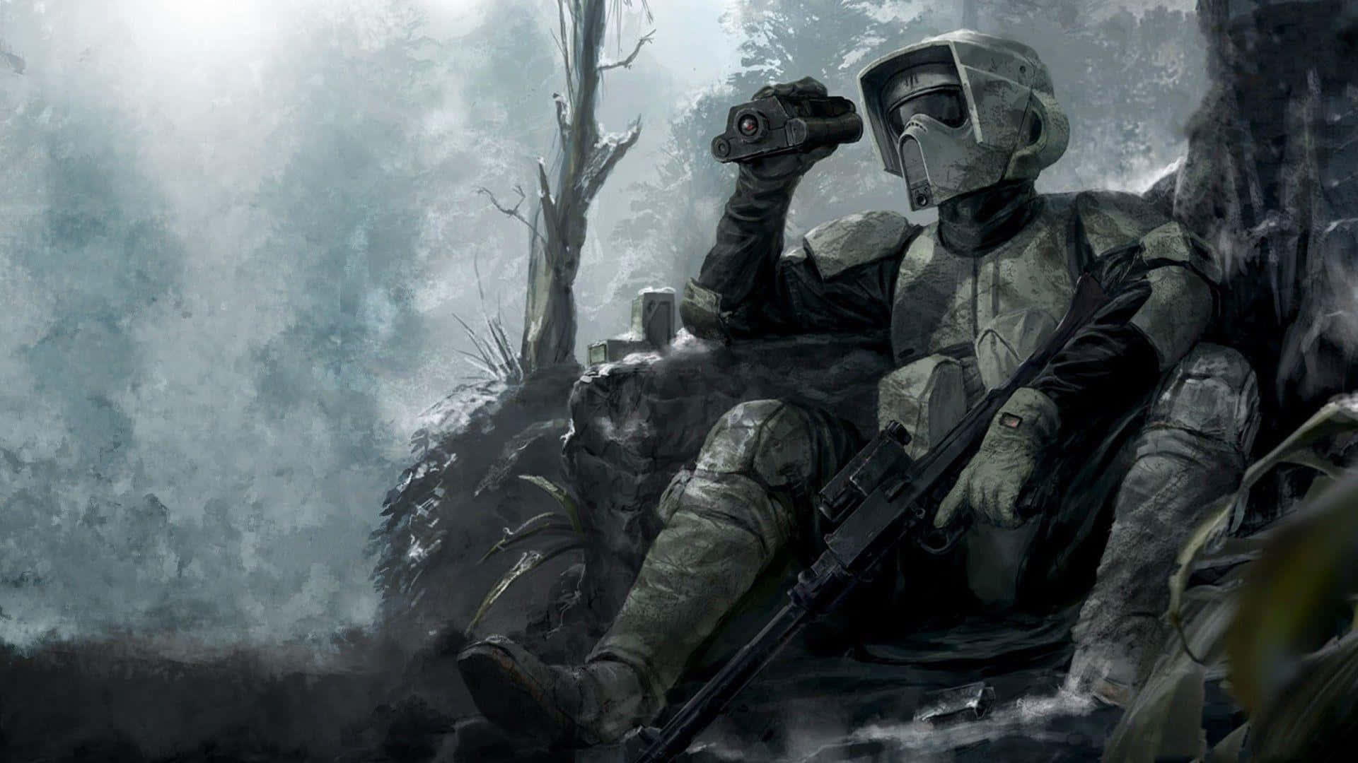 Imperial Army, misty forest clearing, soldier in full gear, Full HD Desktop Wallpaper