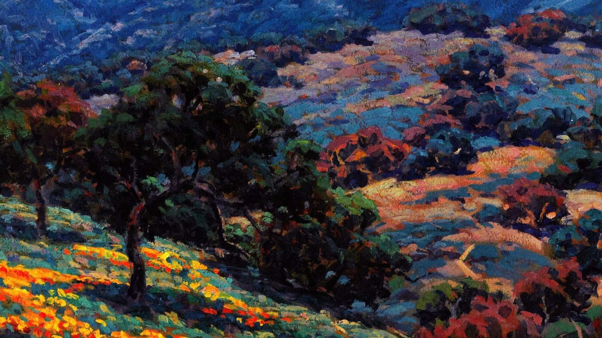 Impressionist, sunset, rolling hills, Full HD Desktop Wallpaper