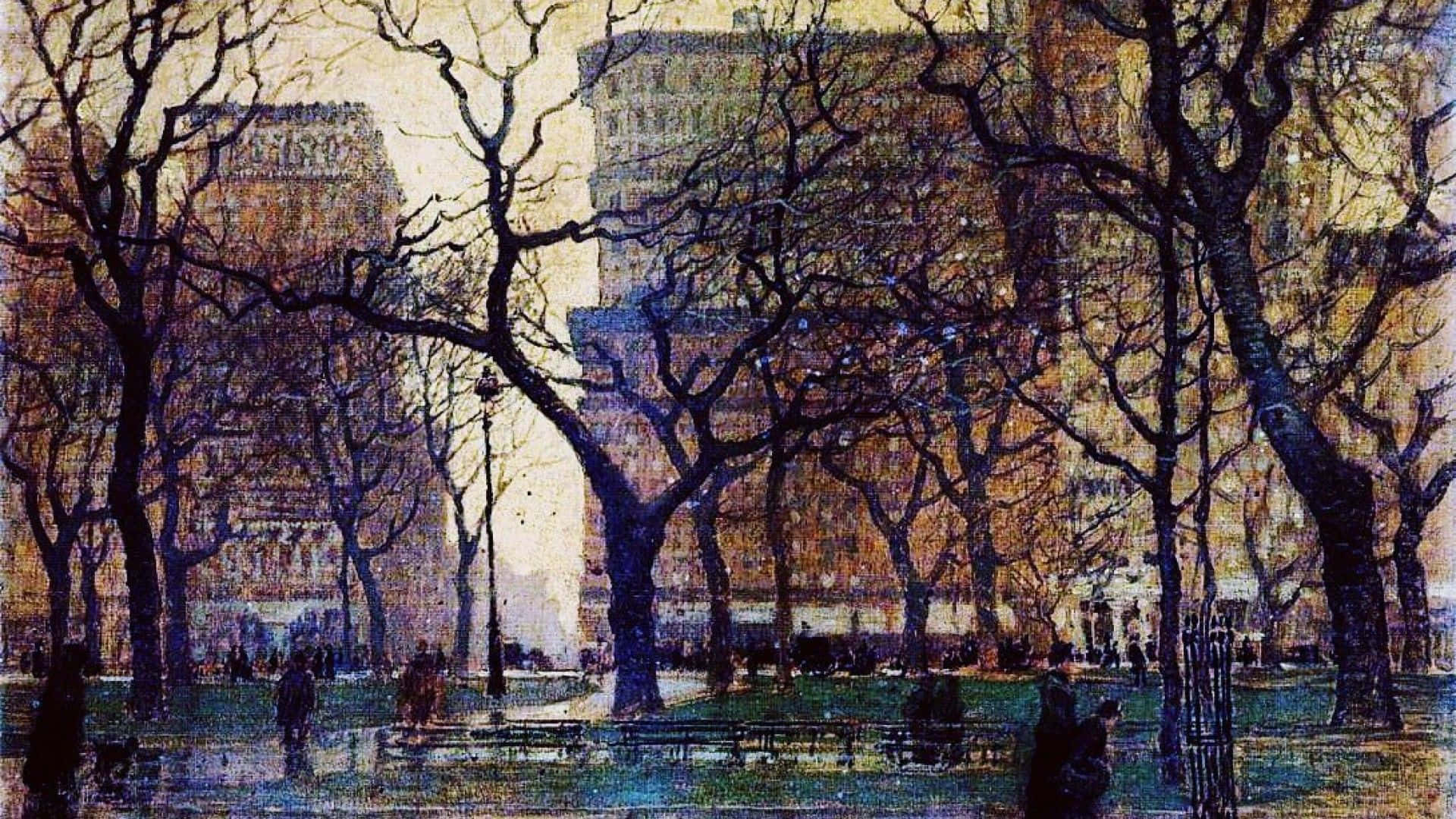 Impressionist, city park, bare trees, Full HD Desktop Wallpaper