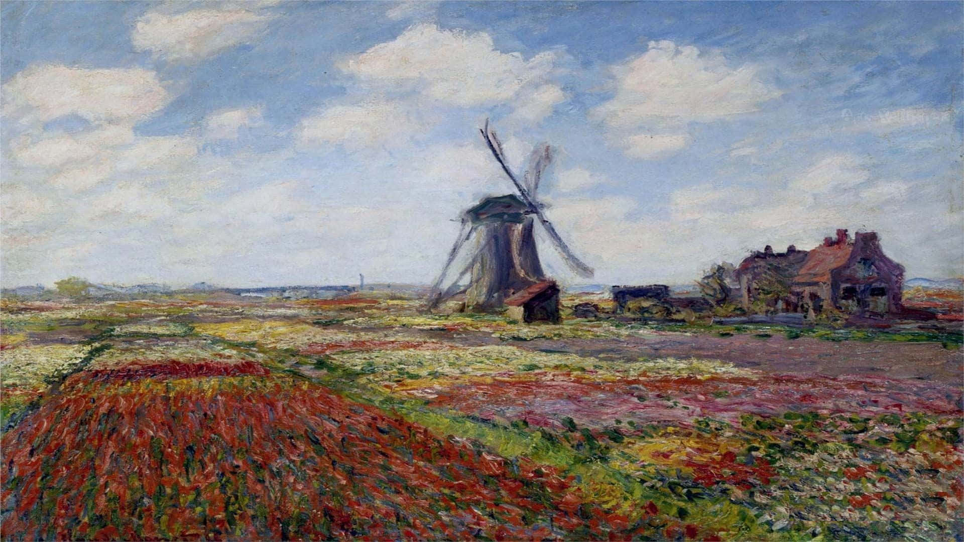 Impressionism, red and yellow flowers, windmill, Full HD Desktop Wallpaper