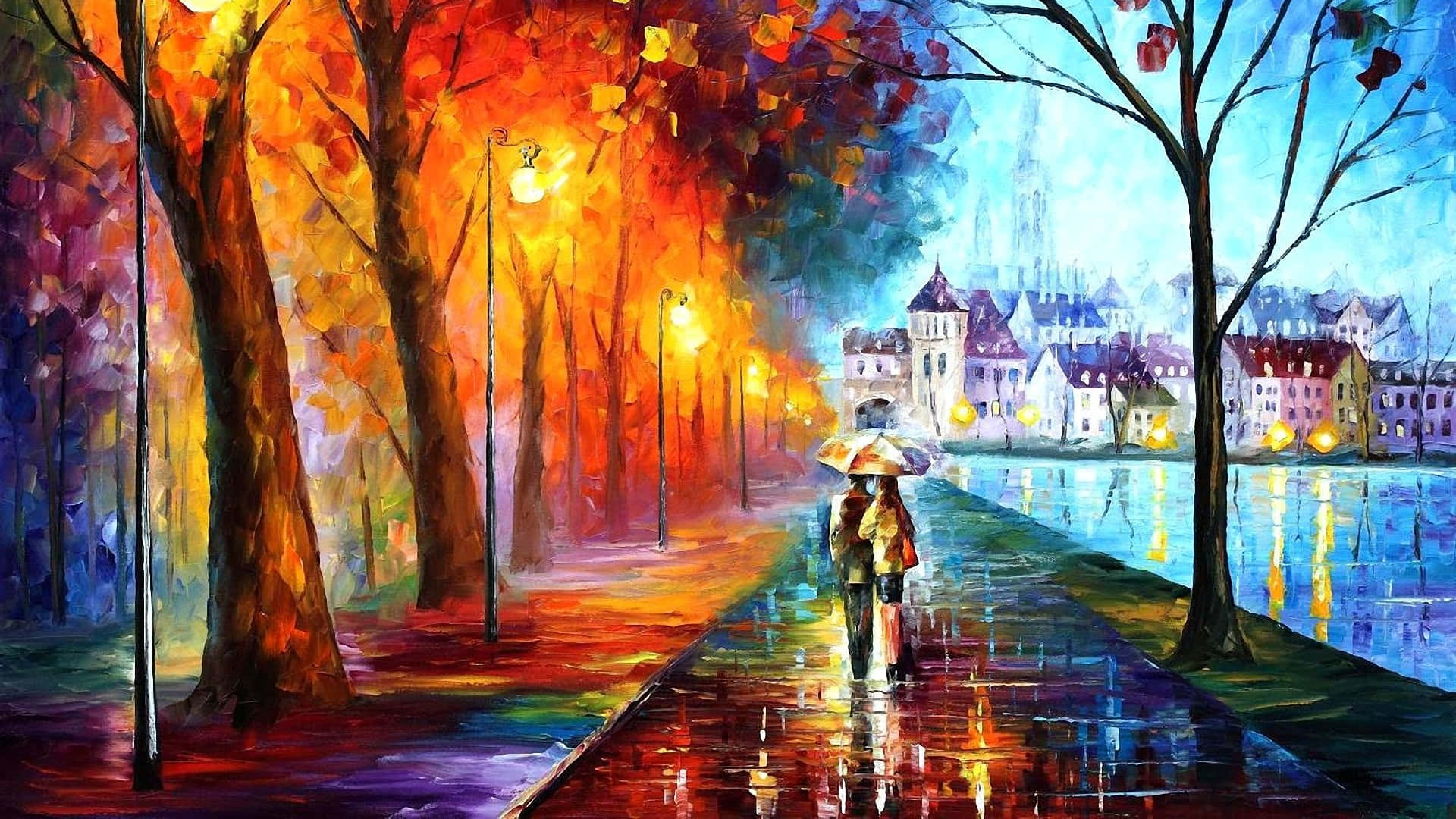 Impressionist Landscape Painting, rain-slicked path, fiery autumn trees, Full HD Desktop Wallpaper