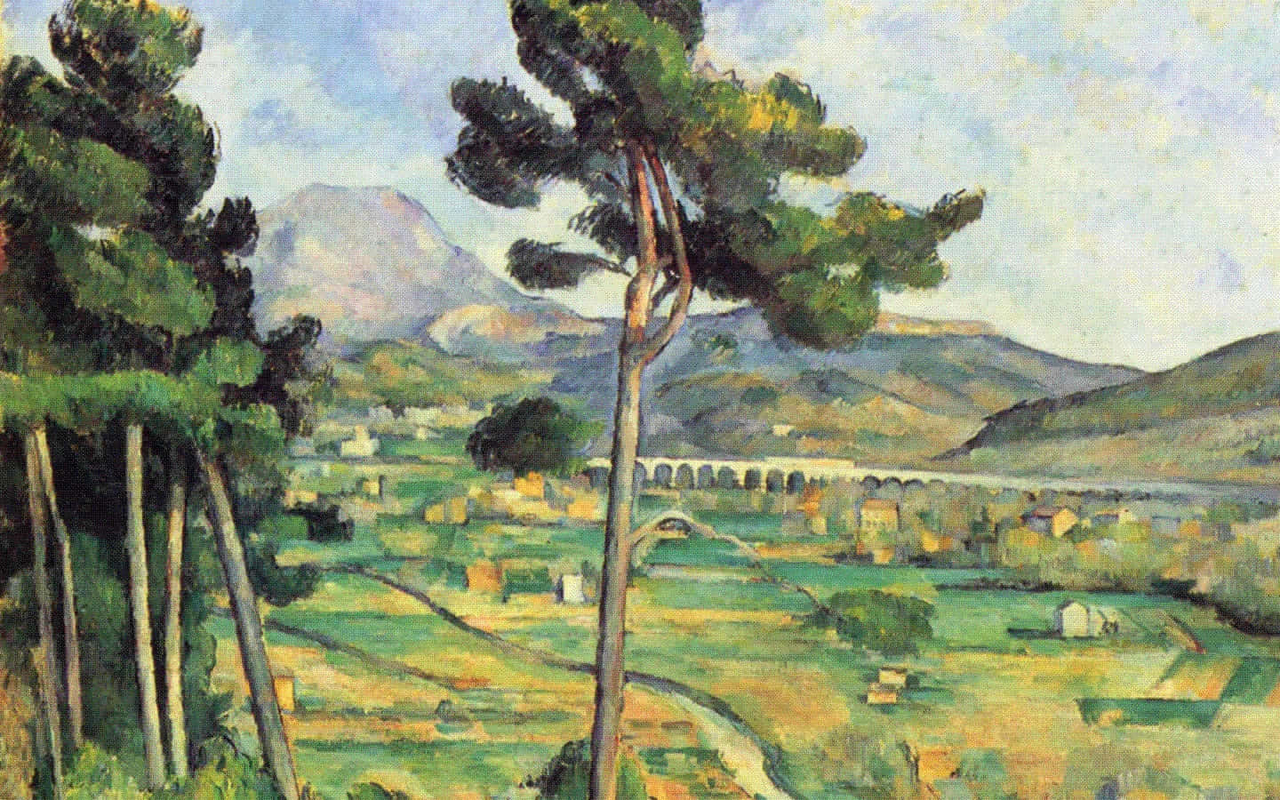 Impressionist Landscape, sunlit valley, tall pine trees, HD Desktop Wallpaper