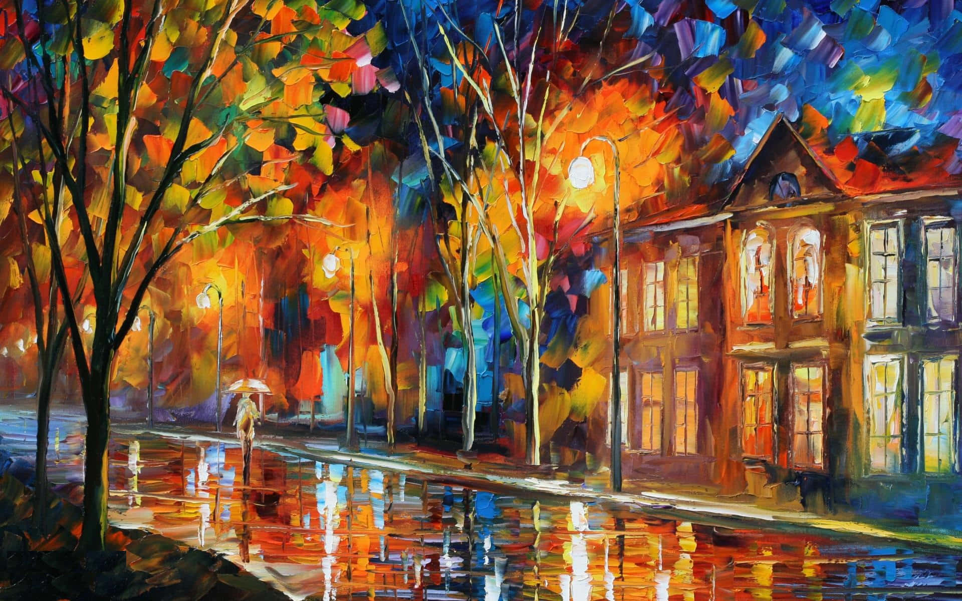 Impressionist Landscape, rainy autumn night, lone figure under an umbrella, Full HD Desktop Wallpaper