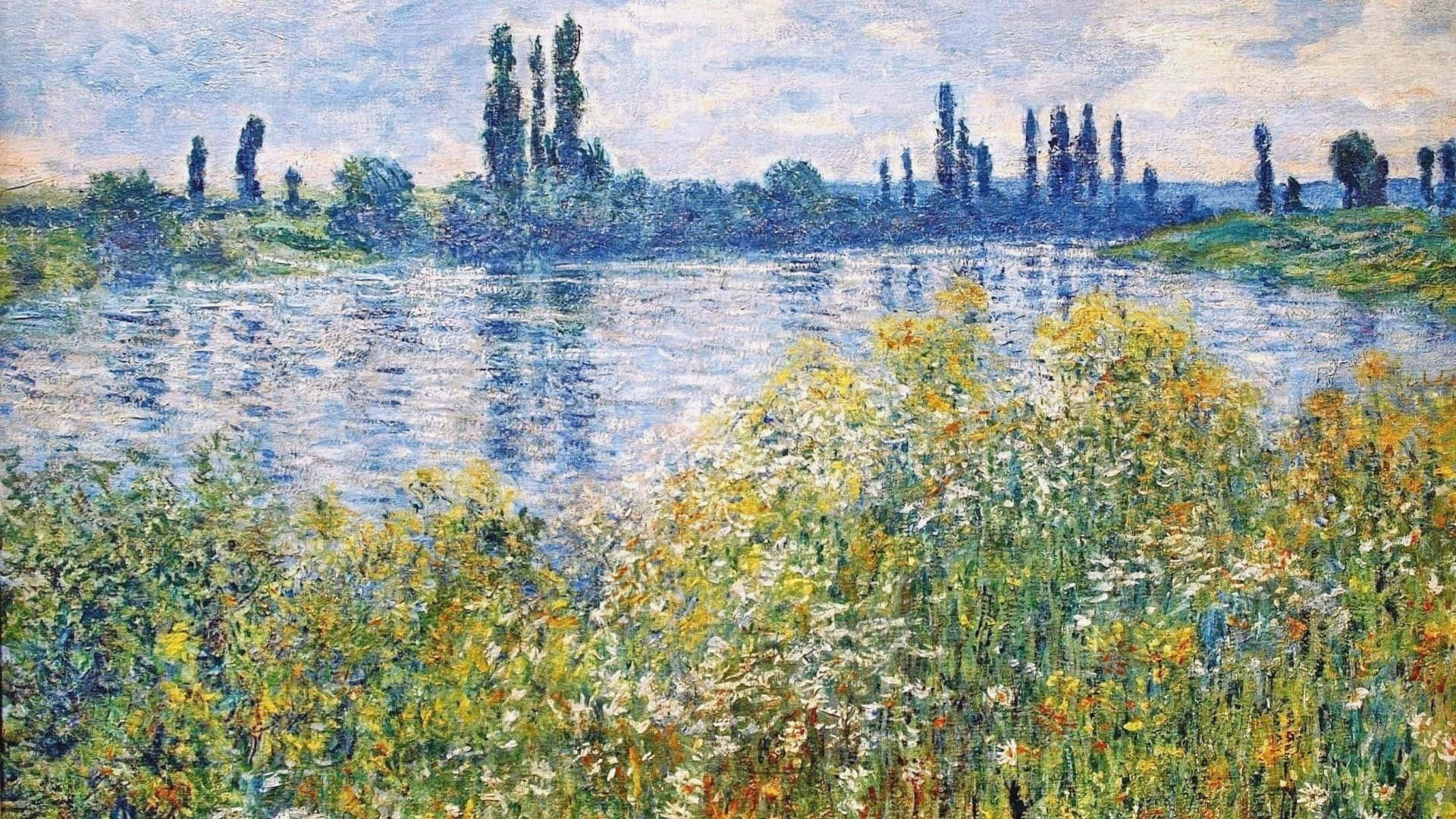 Impressionist Landscape at Dusk, river, wildflowers, Full HD Desktop Wallpaper