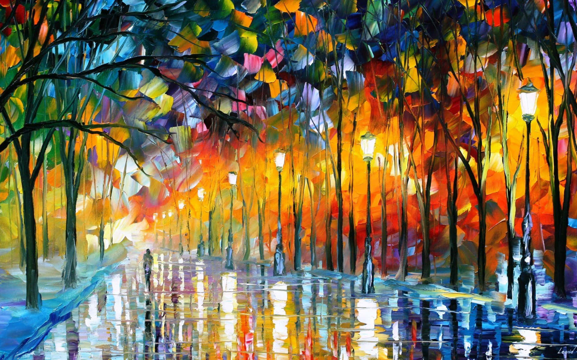 Impressionism, dusk, colorful trees, Full HD Desktop Wallpaper