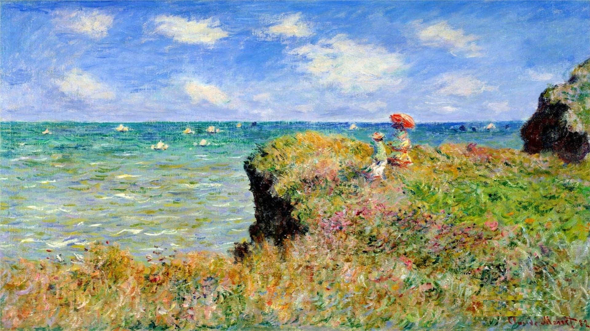 Impressionist Landscape, vibrant blue sea, sailboats, Full HD Desktop Wallpaper