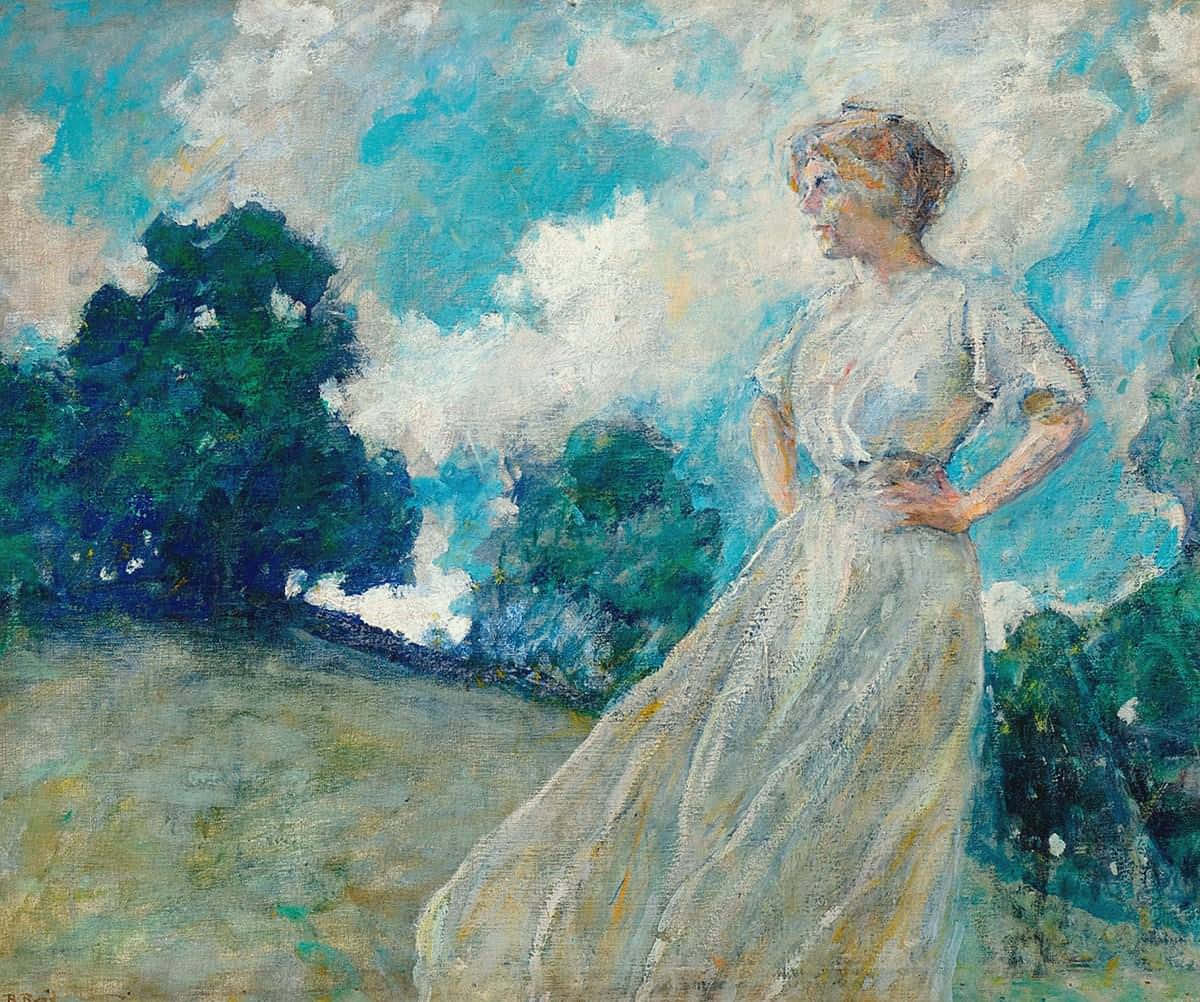 Impressionism, white dress, vibrant blue sky, SD Desktop Wallpaper