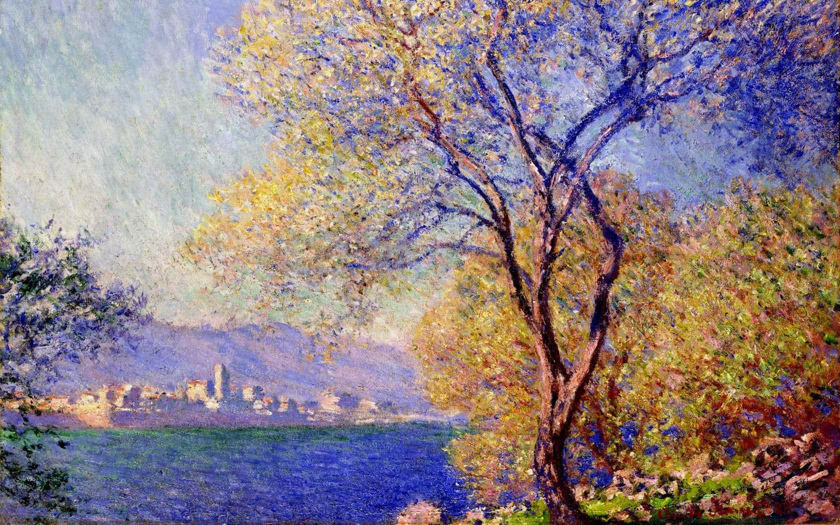 Impressionist Landscape Painting, golden leaves, distant lakeside town, HD Desktop Wallpaper