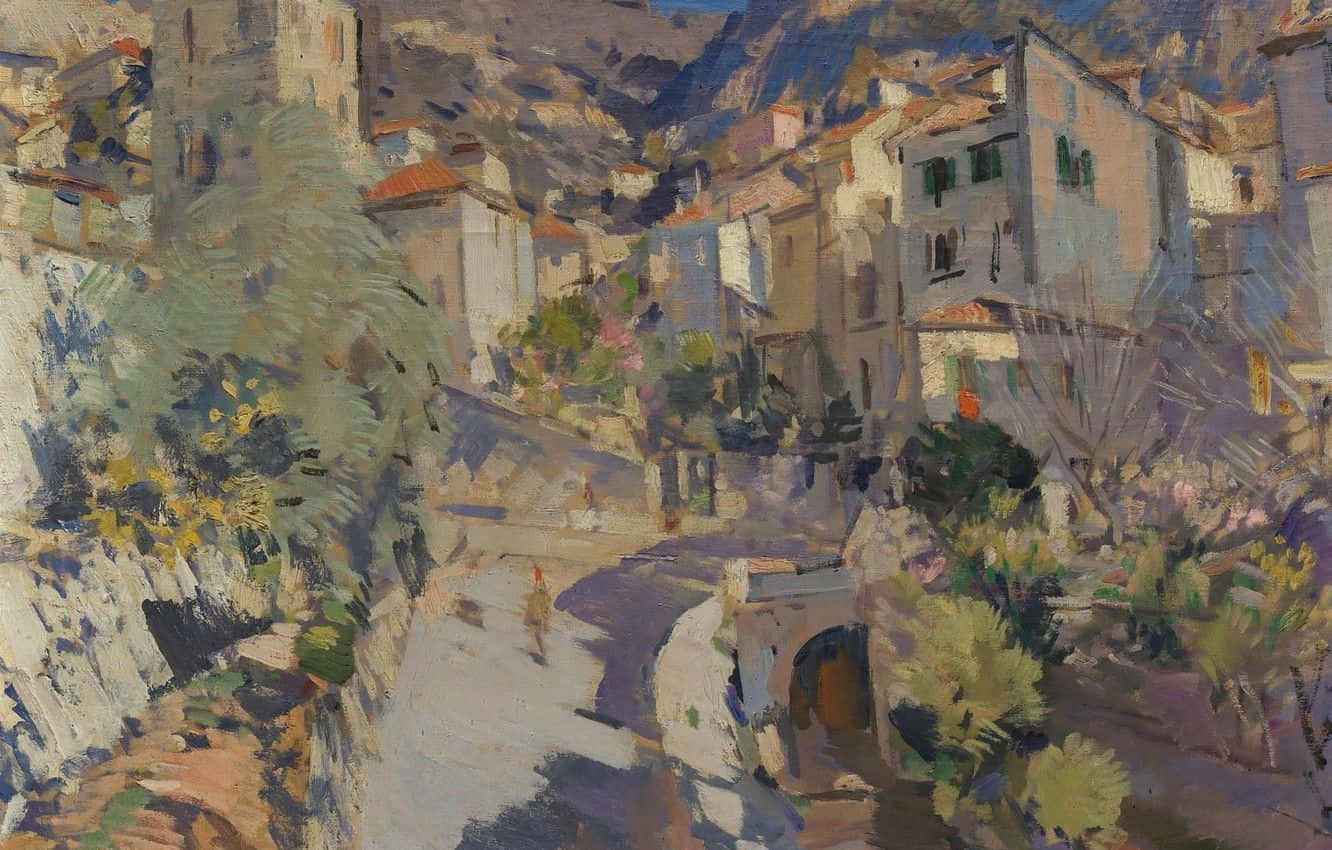 Impressionist Landscape, Sunset, Mediterranean village, HD Desktop Wallpaper