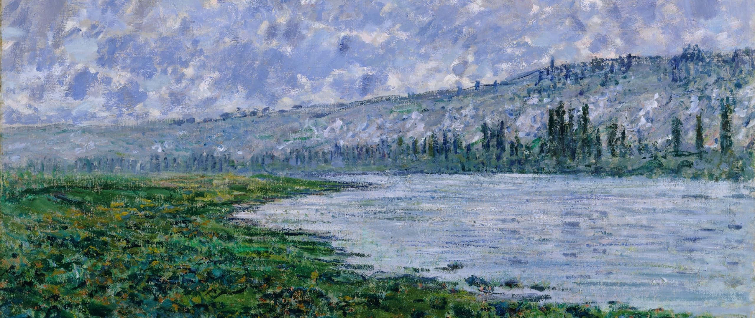 Impressionist, calm lake, green grass, 2K Desktop Wallpaper