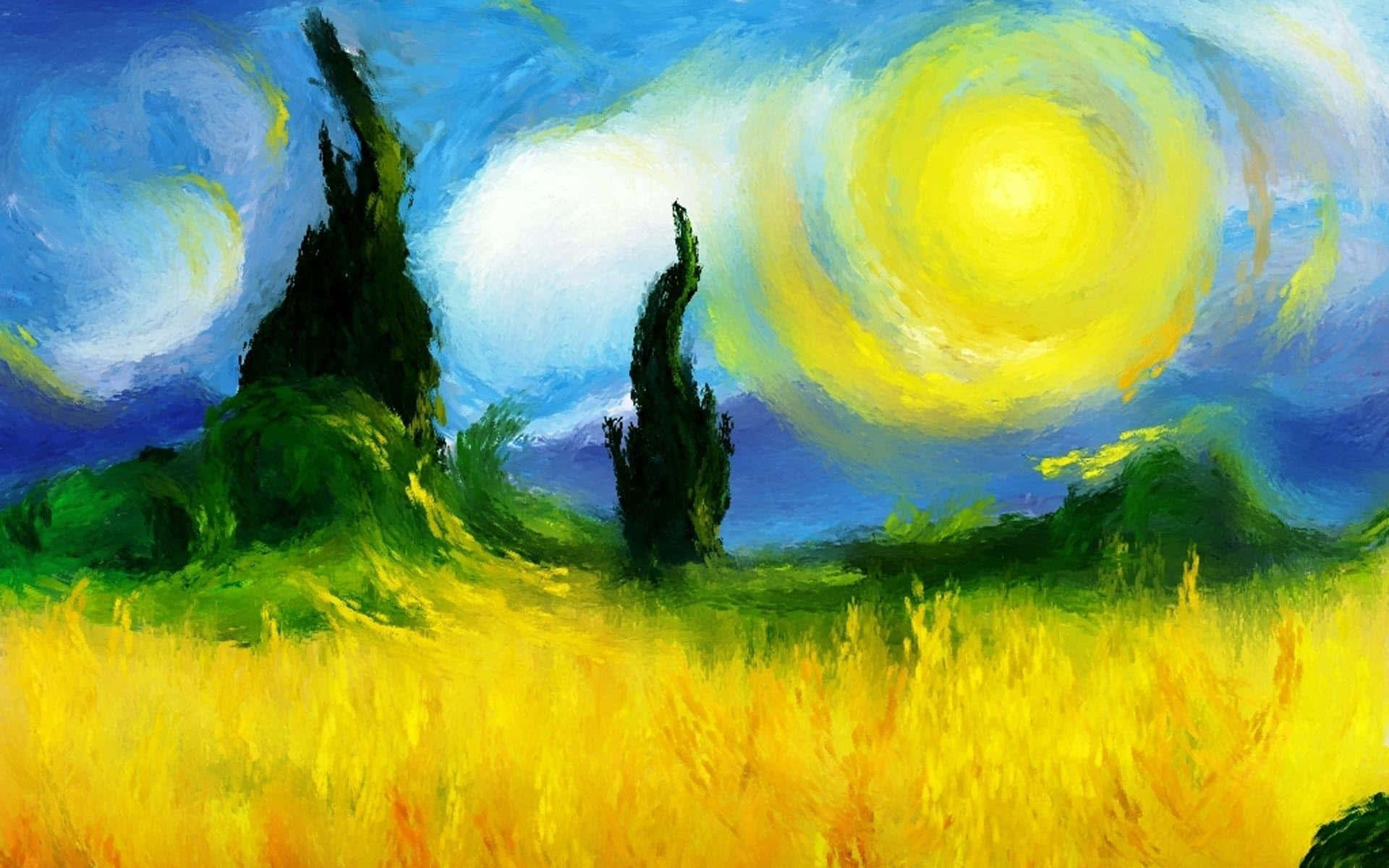 Impressionist Riverside Scene, golden wheat, swirling blue sky, Full HD Desktop Wallpaper