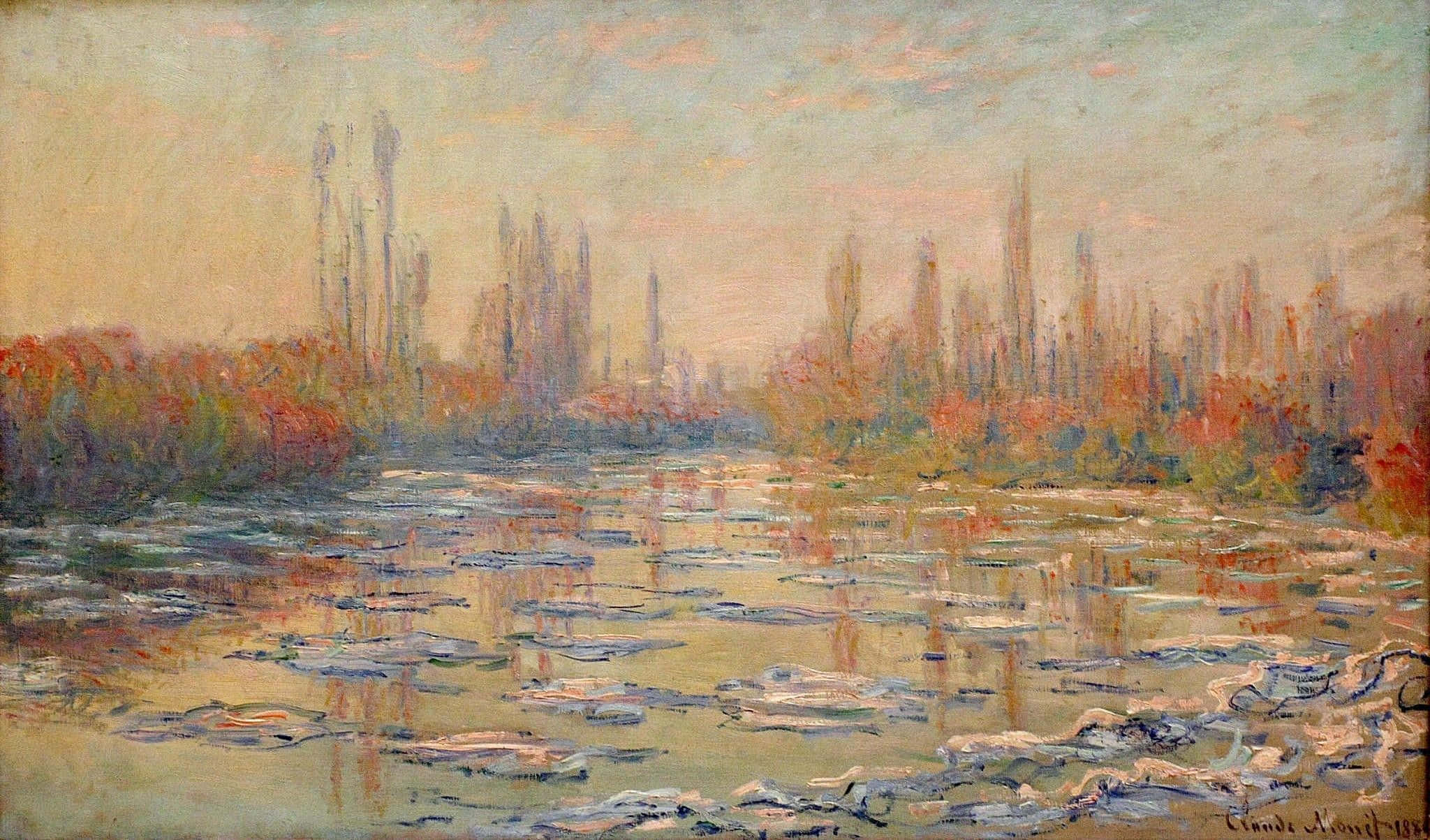 Impressionism, autumn river scene, lily pads, Full HD Desktop Wallpaper