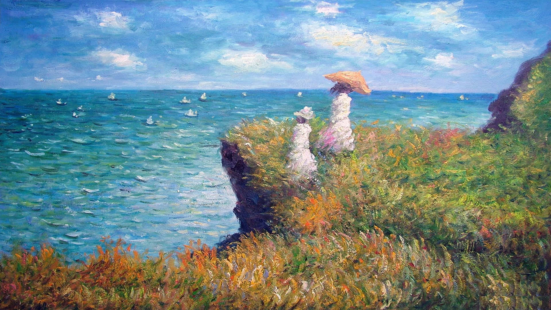 Impressionism, white dresses, hats, Full HD Desktop Wallpaper