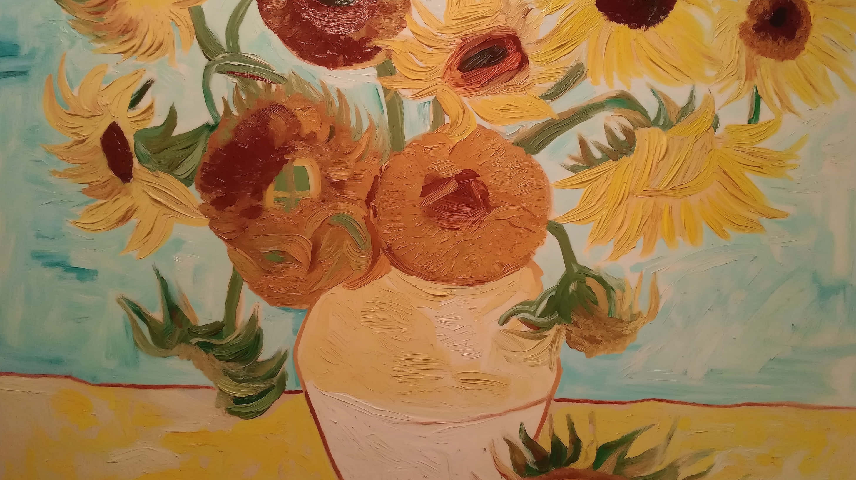 sunflowers in a vase, Van Gogh art style, thick textured brushstrokes, 2K Desktop Wallpaper