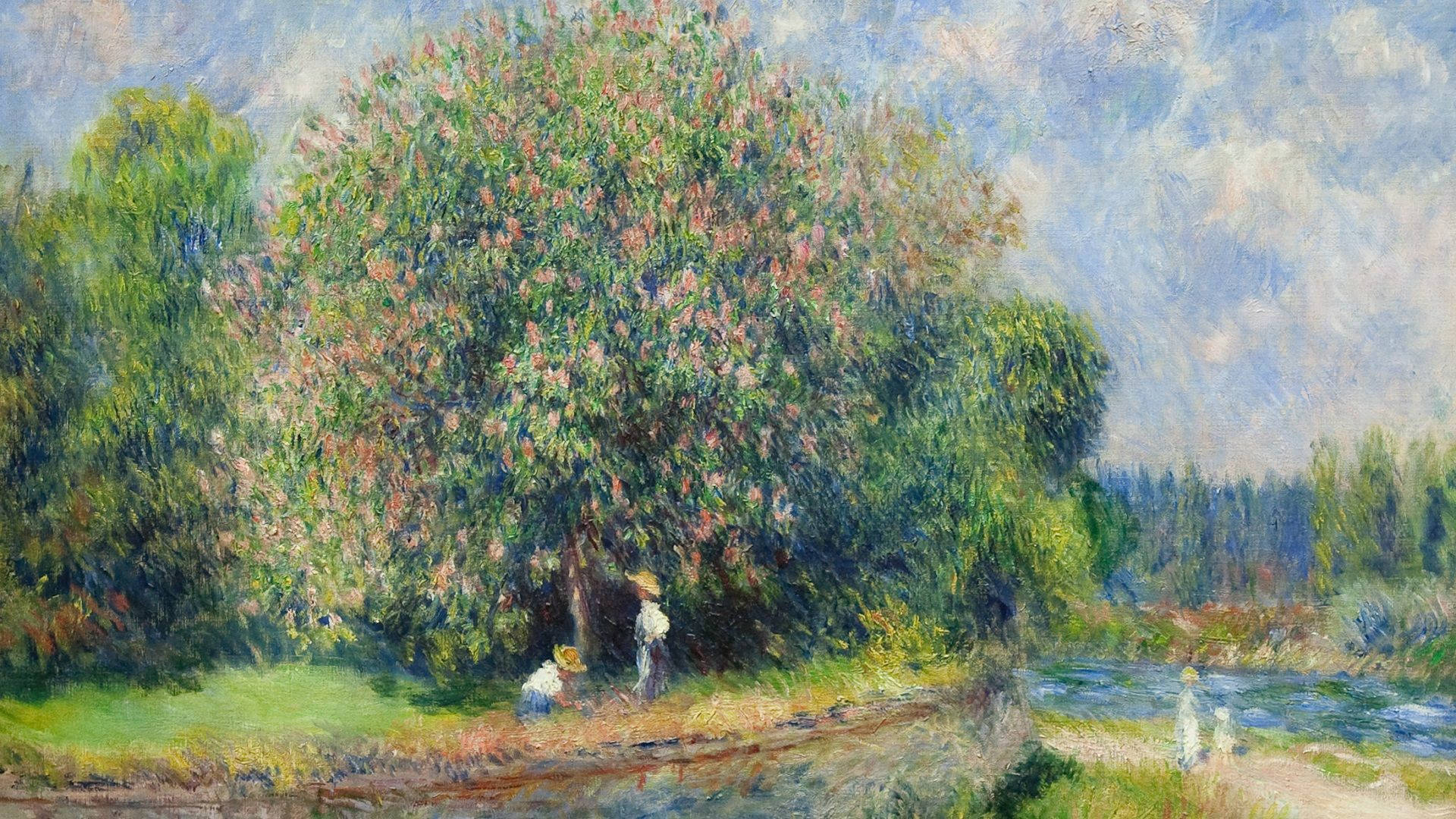 chestnut in bloom, blossoming tree, river, Full HD Desktop Wallpaper