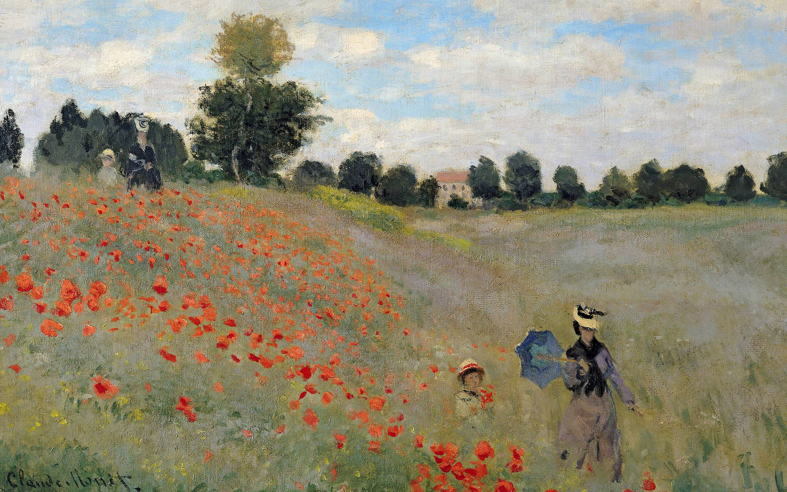 poppy field, blue parasol, child, 2K Desktop Wallpaper