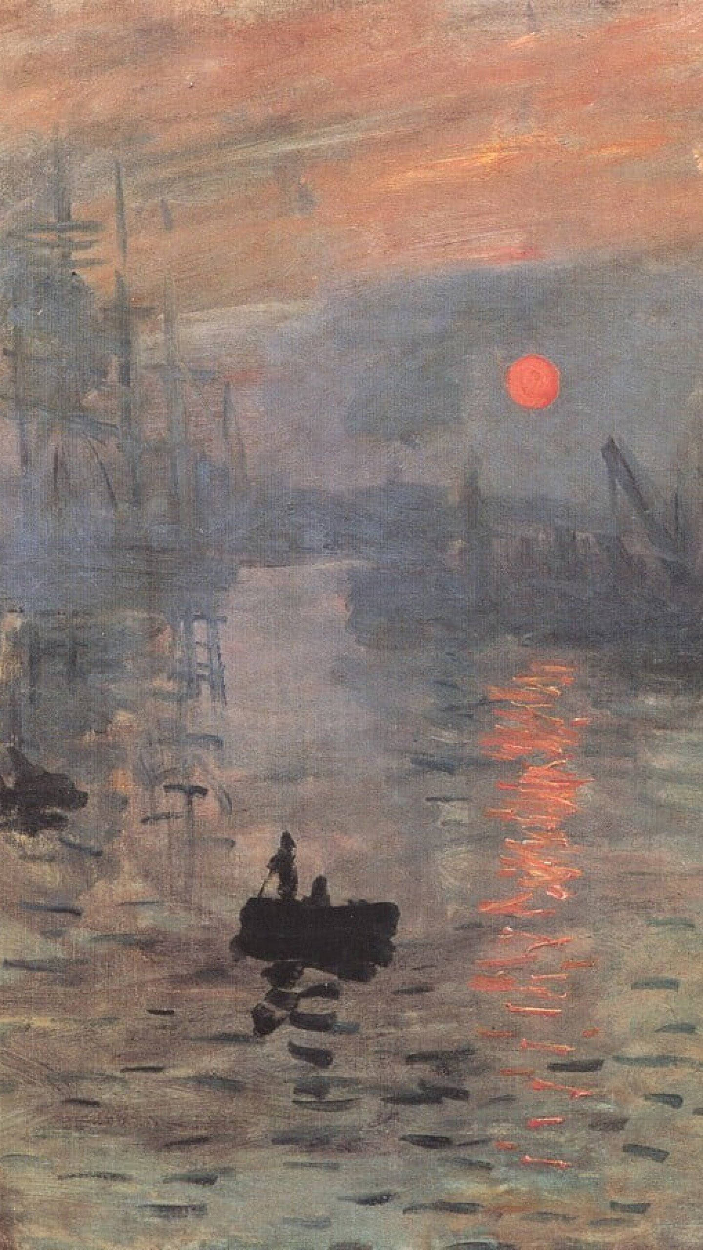 Impression, Sunrise, misty harbor, glowing red sun, 2K Phone Wallpaper