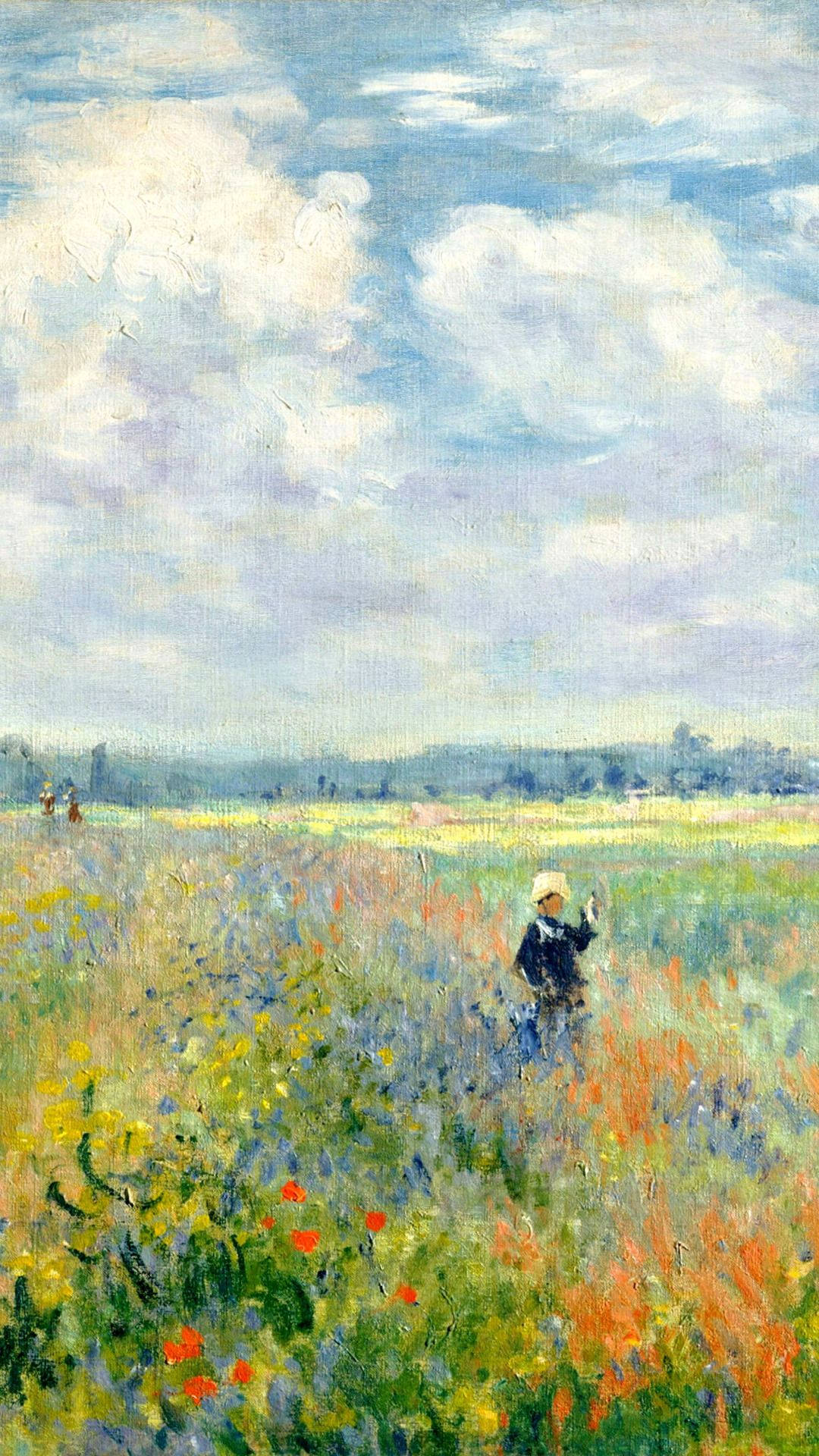 poppy fields, impressionist painting, white hat, Full HD Phone Wallpaper