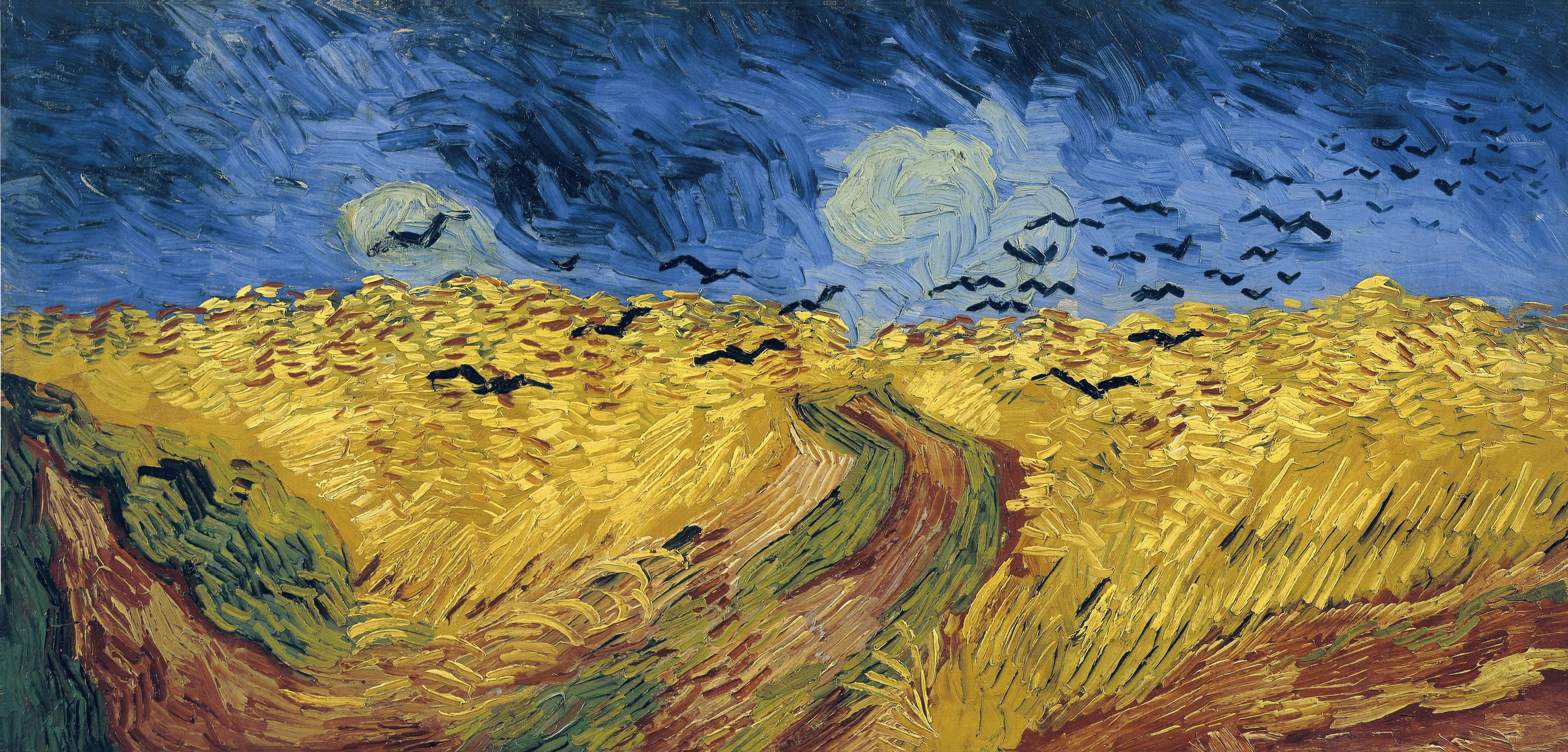 Wheatfield, post-impressionist art, swirling blue sky, 4K Desktop Wallpaper