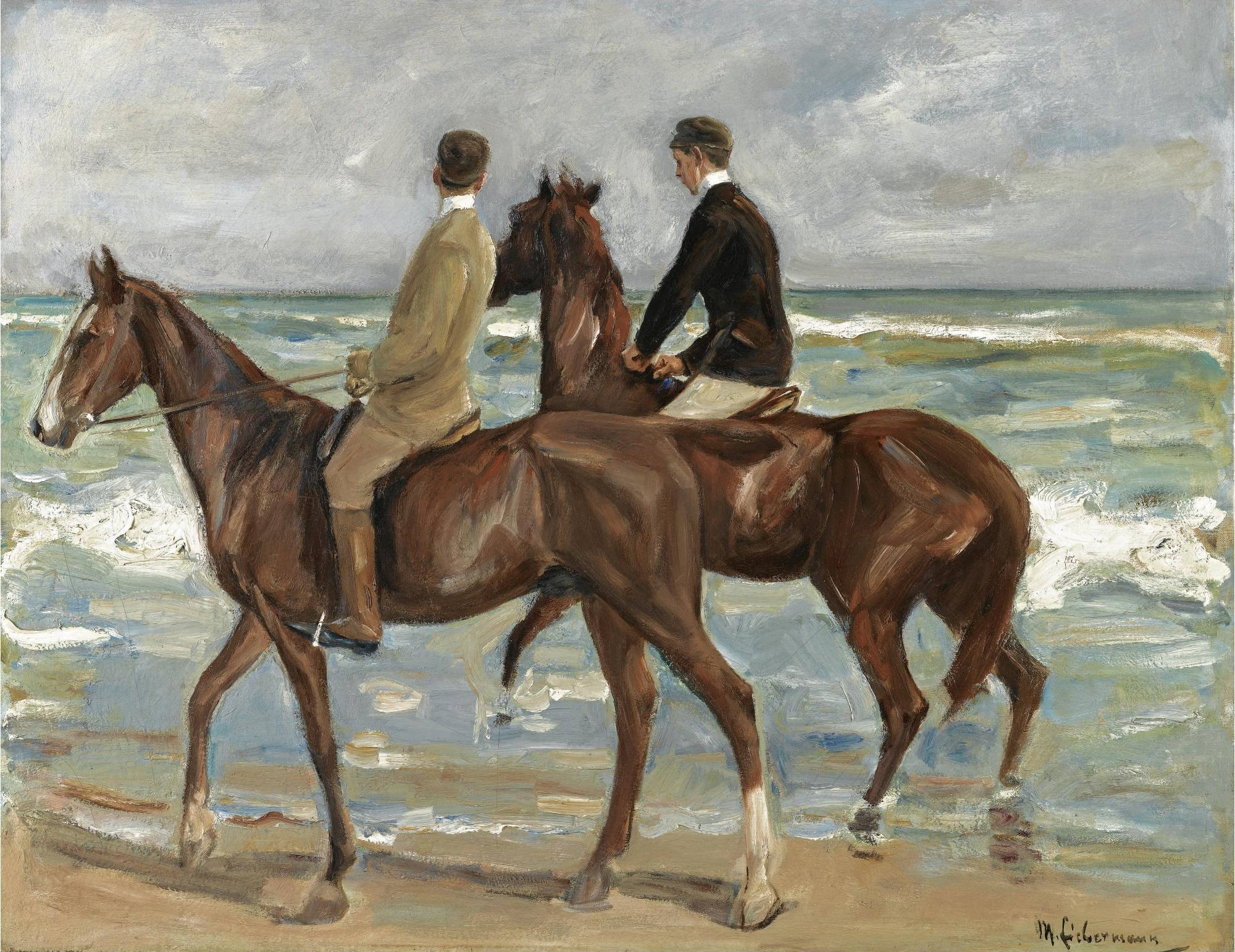 Riders On Beach, brown horses, shallow ocean waves, Full HD Desktop Wallpaper