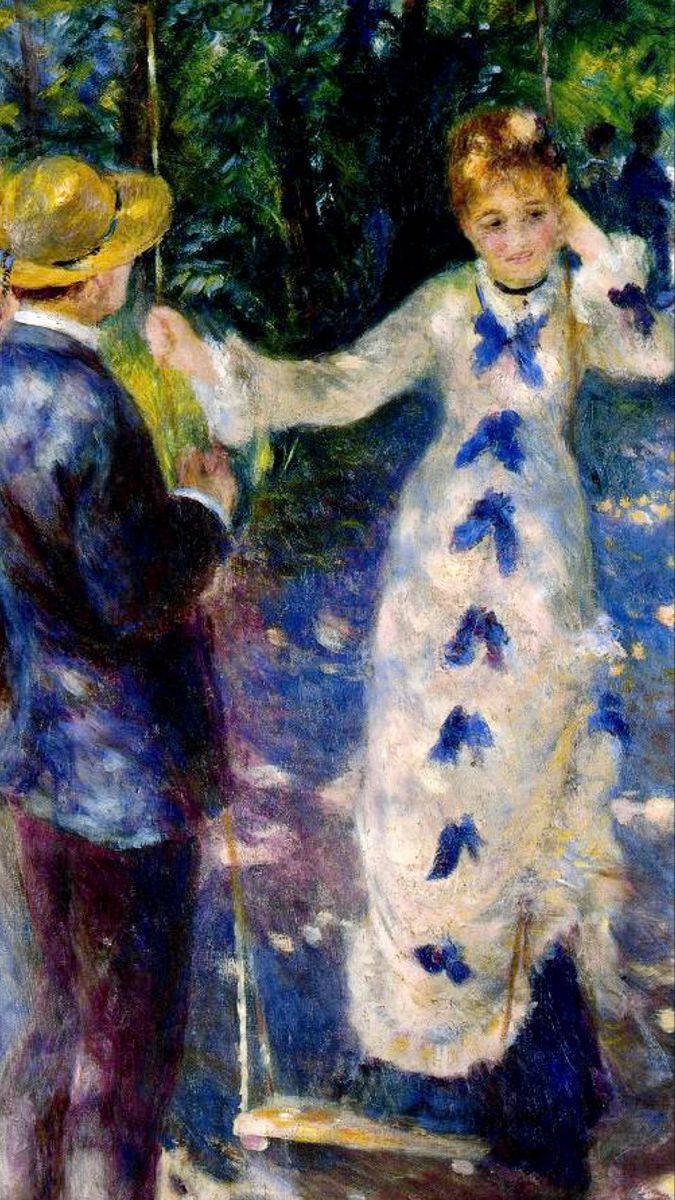 The Swing Impressionist Painting, white dress, blue bows, SD Phone Wallpaper