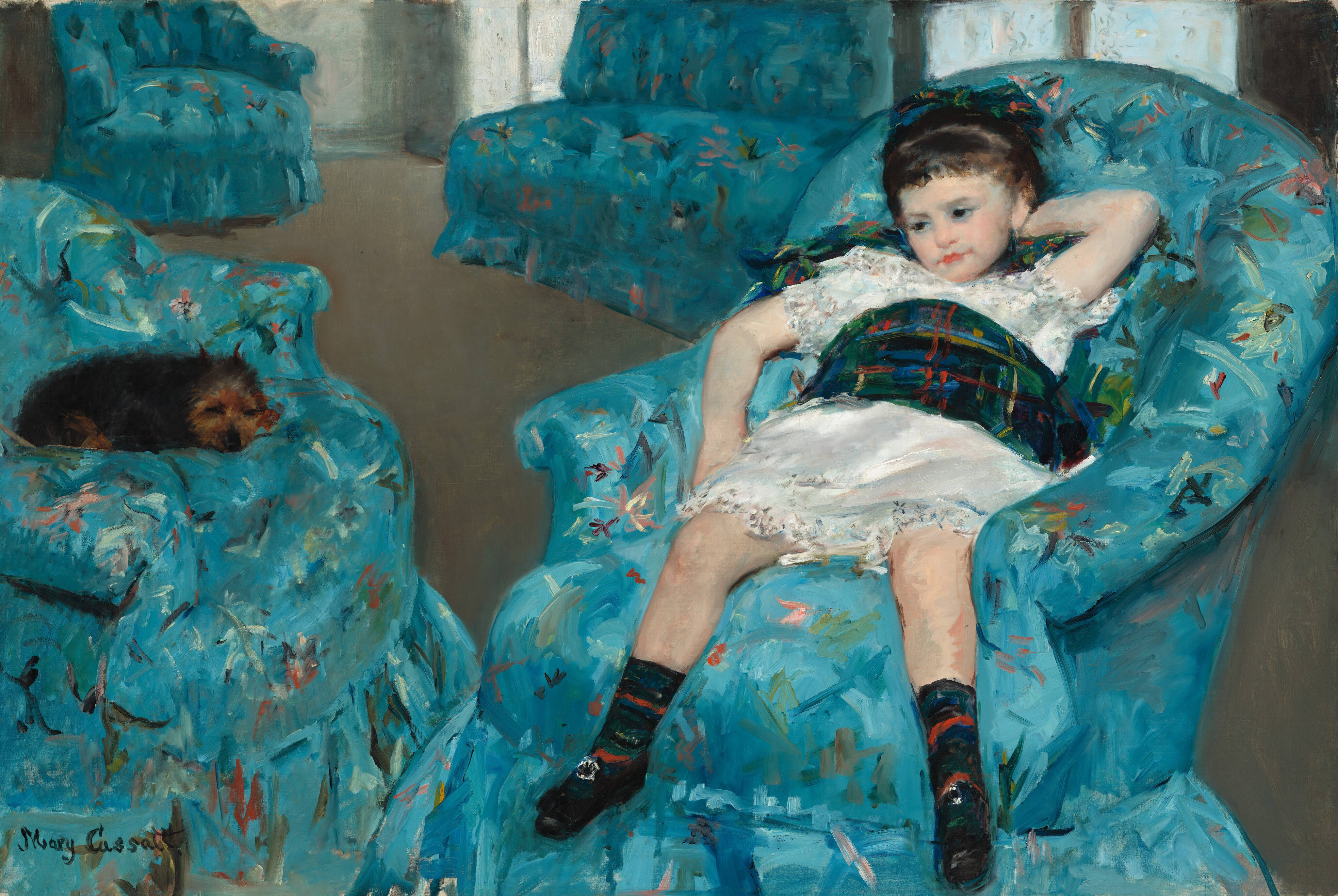 girl, armchair, floral armchair, 4K Desktop Wallpaper